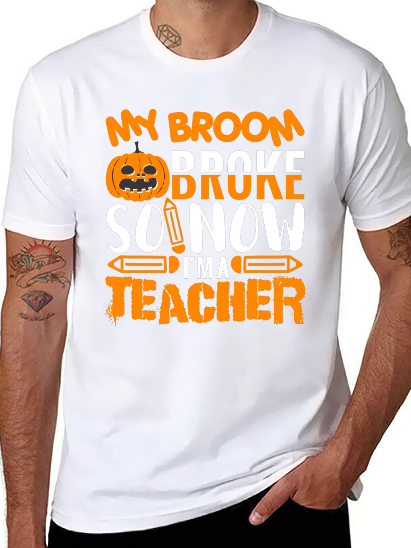 Black Funny Halloween Teacher T-Shirt - My Broom Broke view 8