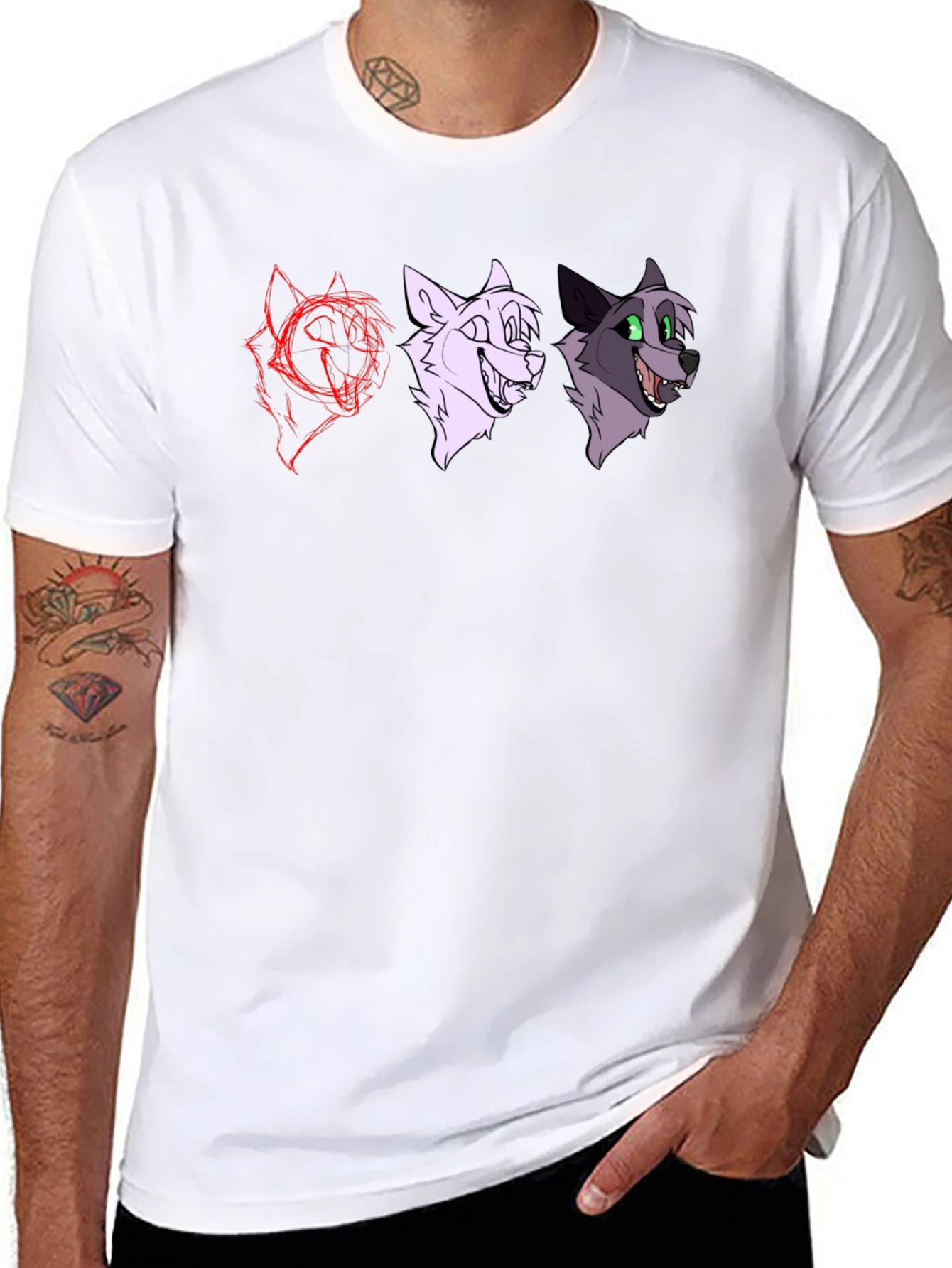 Black Cartoon Wolf Faces Black T-Shirt view 8