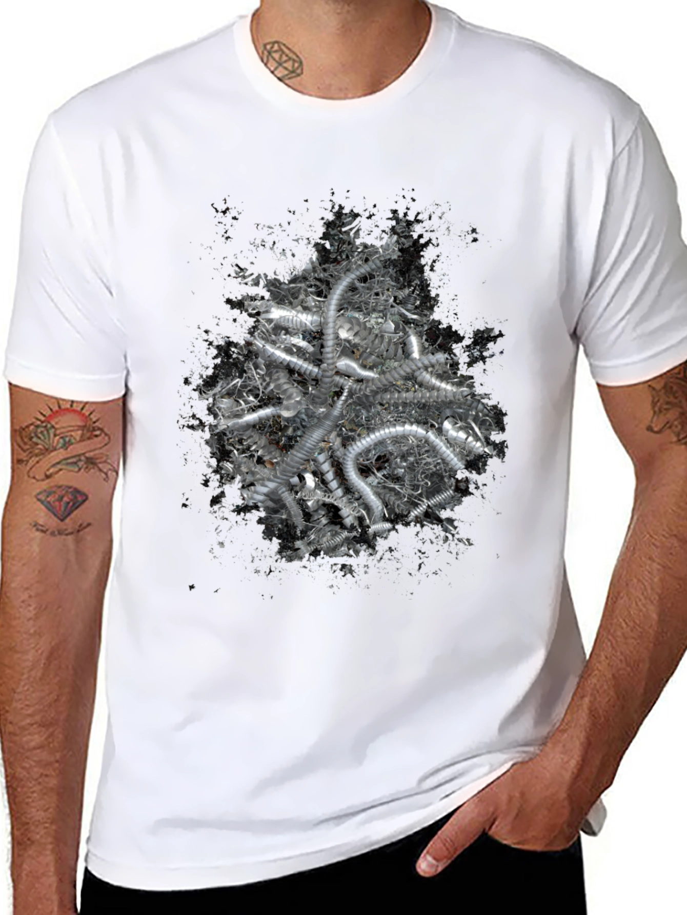 Black Abstract Silver Tube Design Black T-Shirt view 8