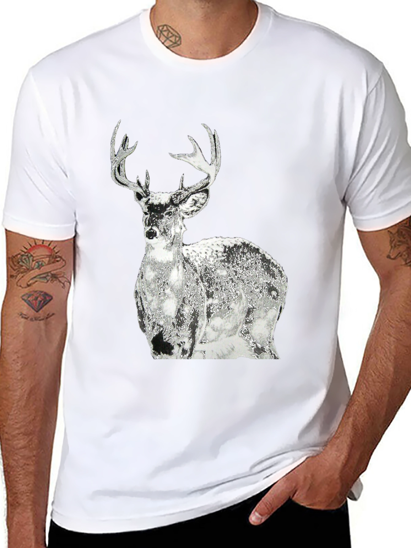 Black Men's Black T-Shirt with Graphic Deer Design view 8
