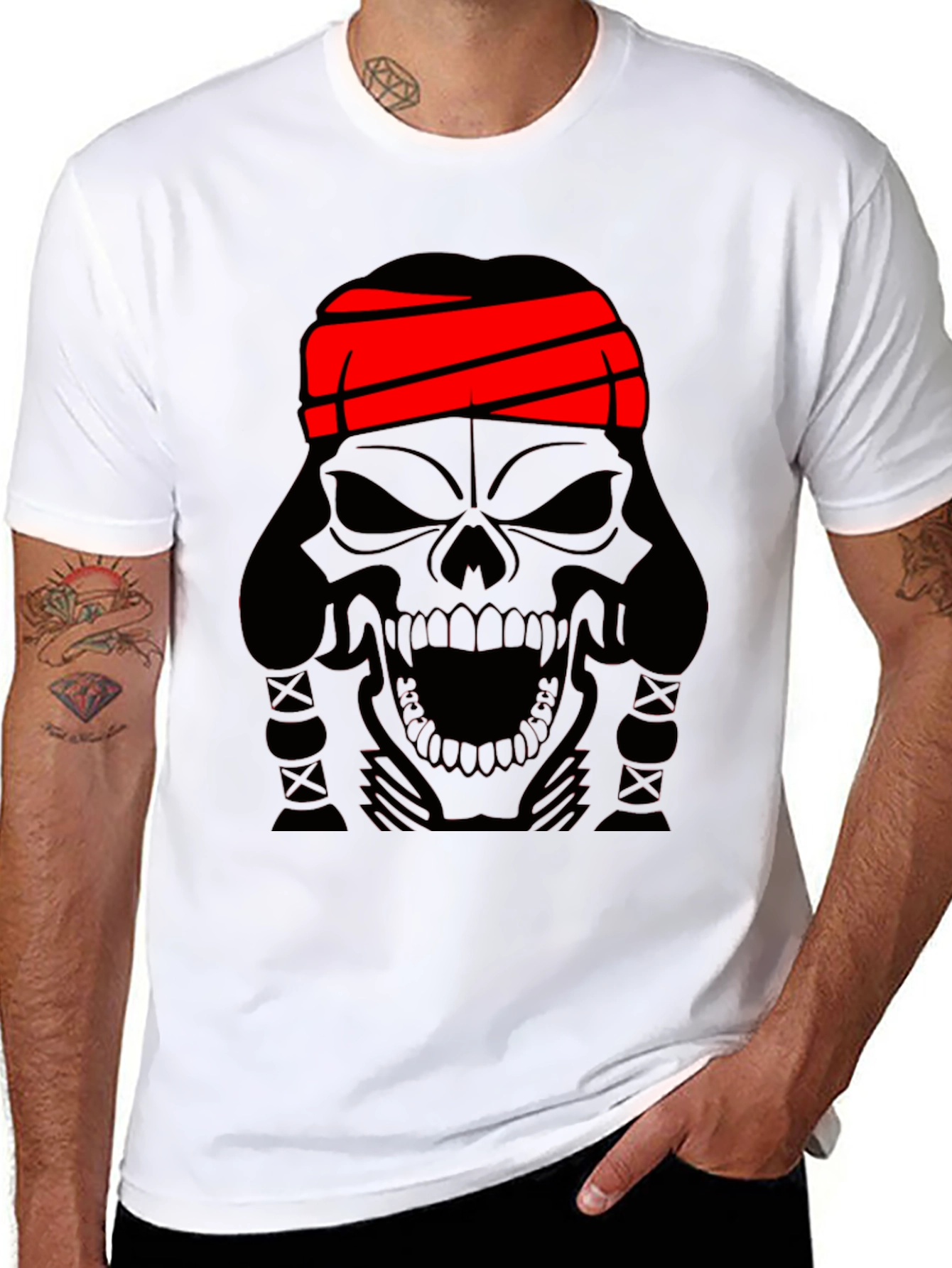 Black Skull T-Shirt - Black Graphic Tee with Red Headband view 8
