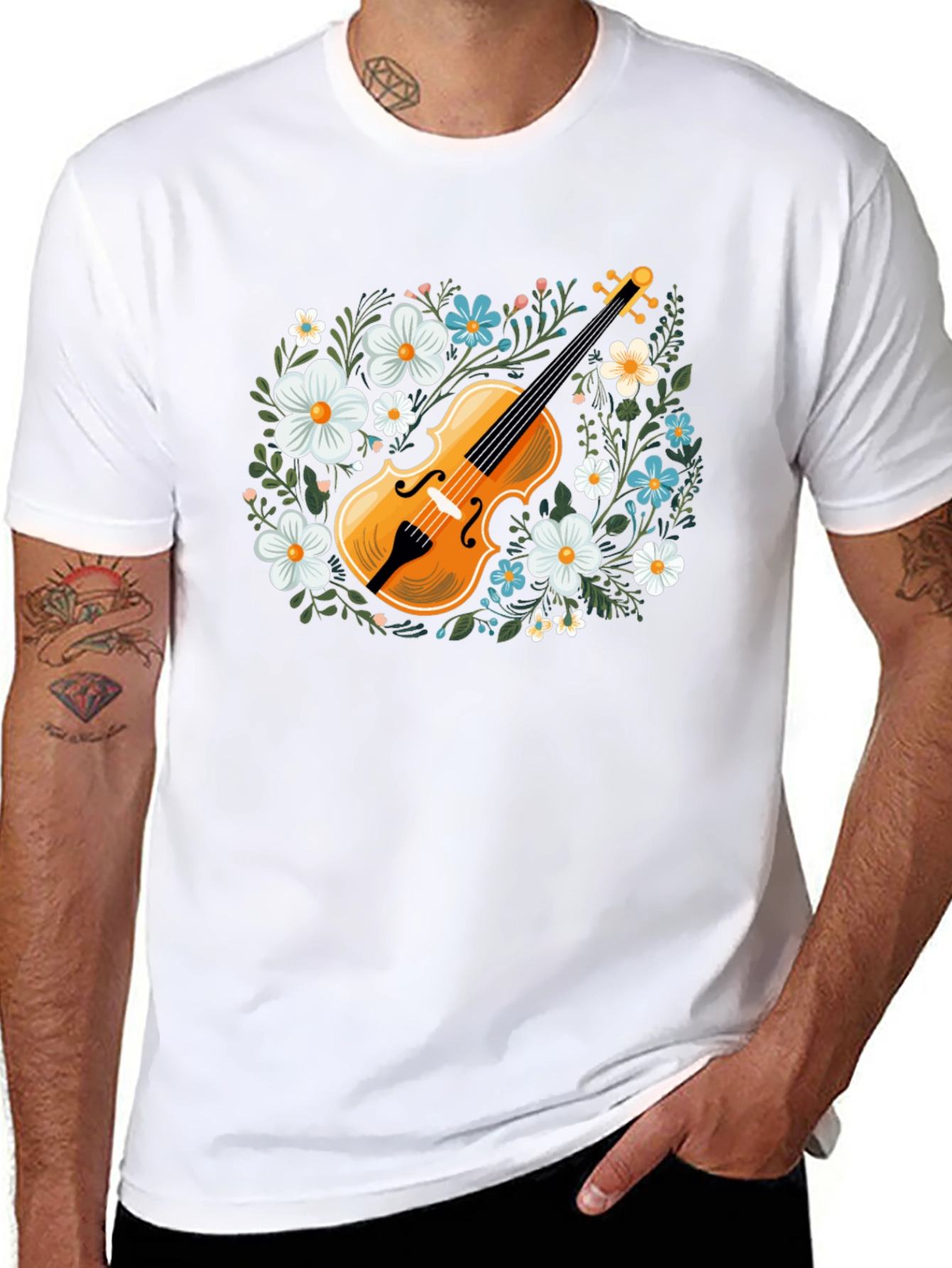 Black Floral Violin Graphic T-Shirt - Musical Style view 8
