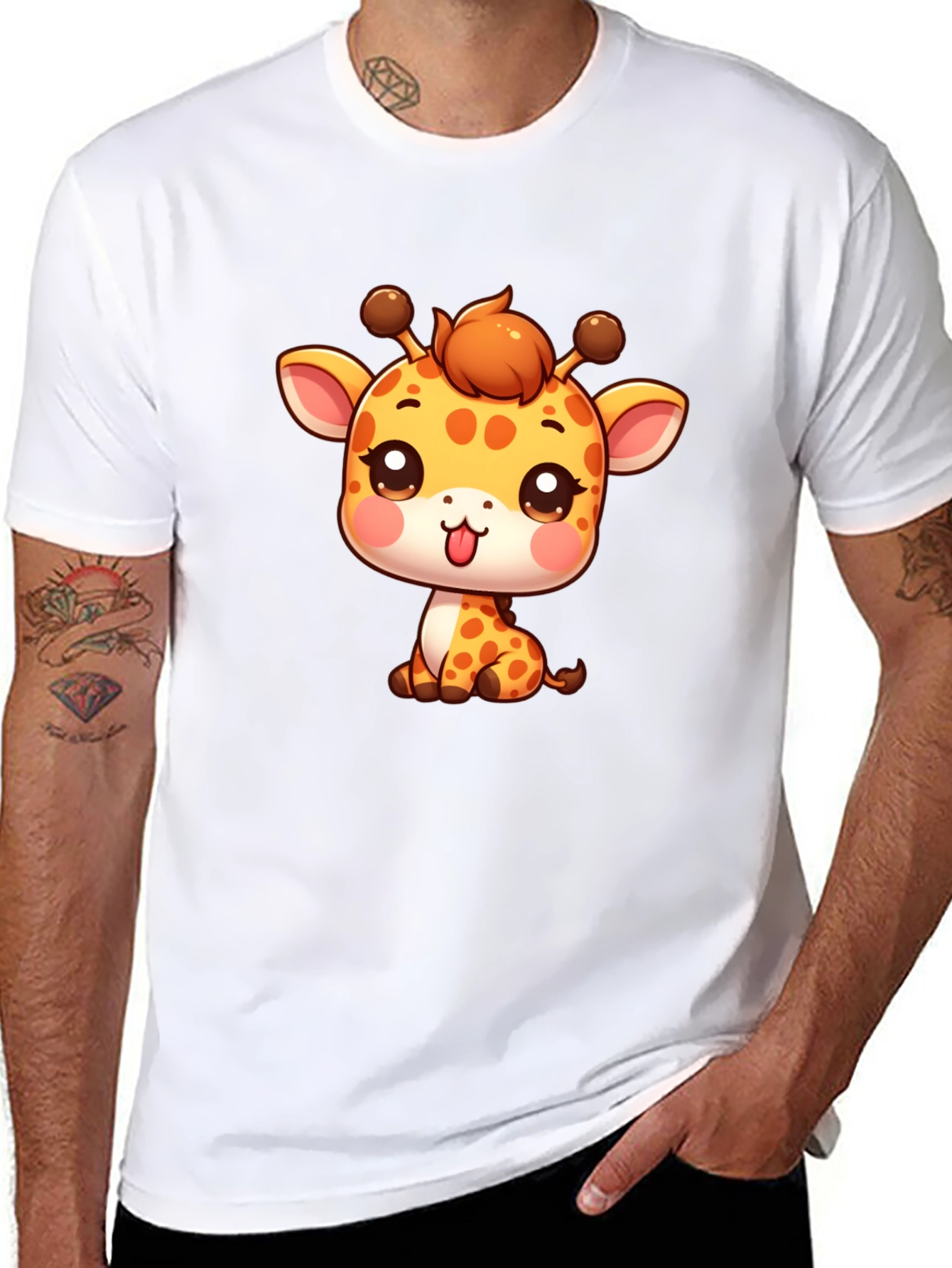 Black Cute Giraffe Cartoon Black T-Shirt view 8