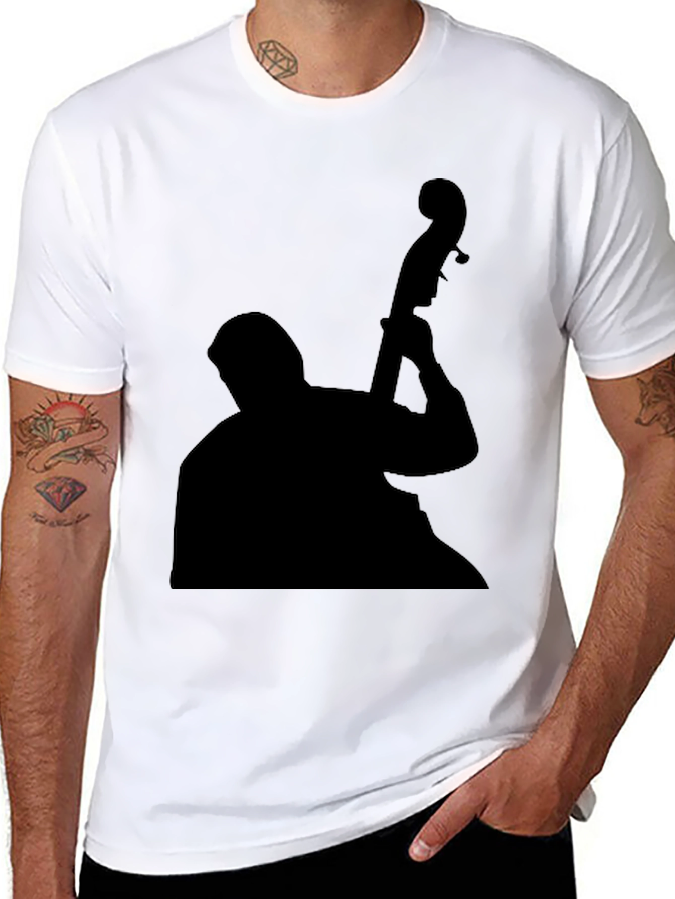 Black Jazz Bass Player Silhouette Black T-Shirt view 8