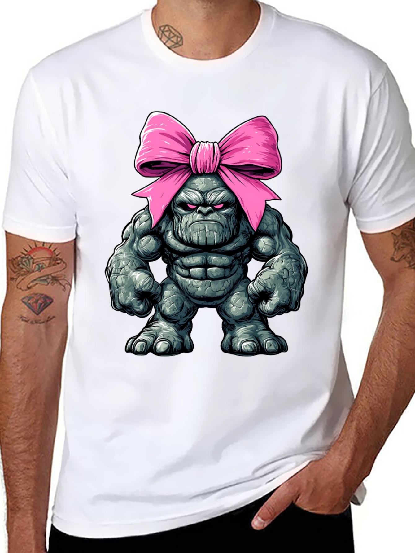 Black Funny Thanos with Pink Bow T-Shirt view 8
