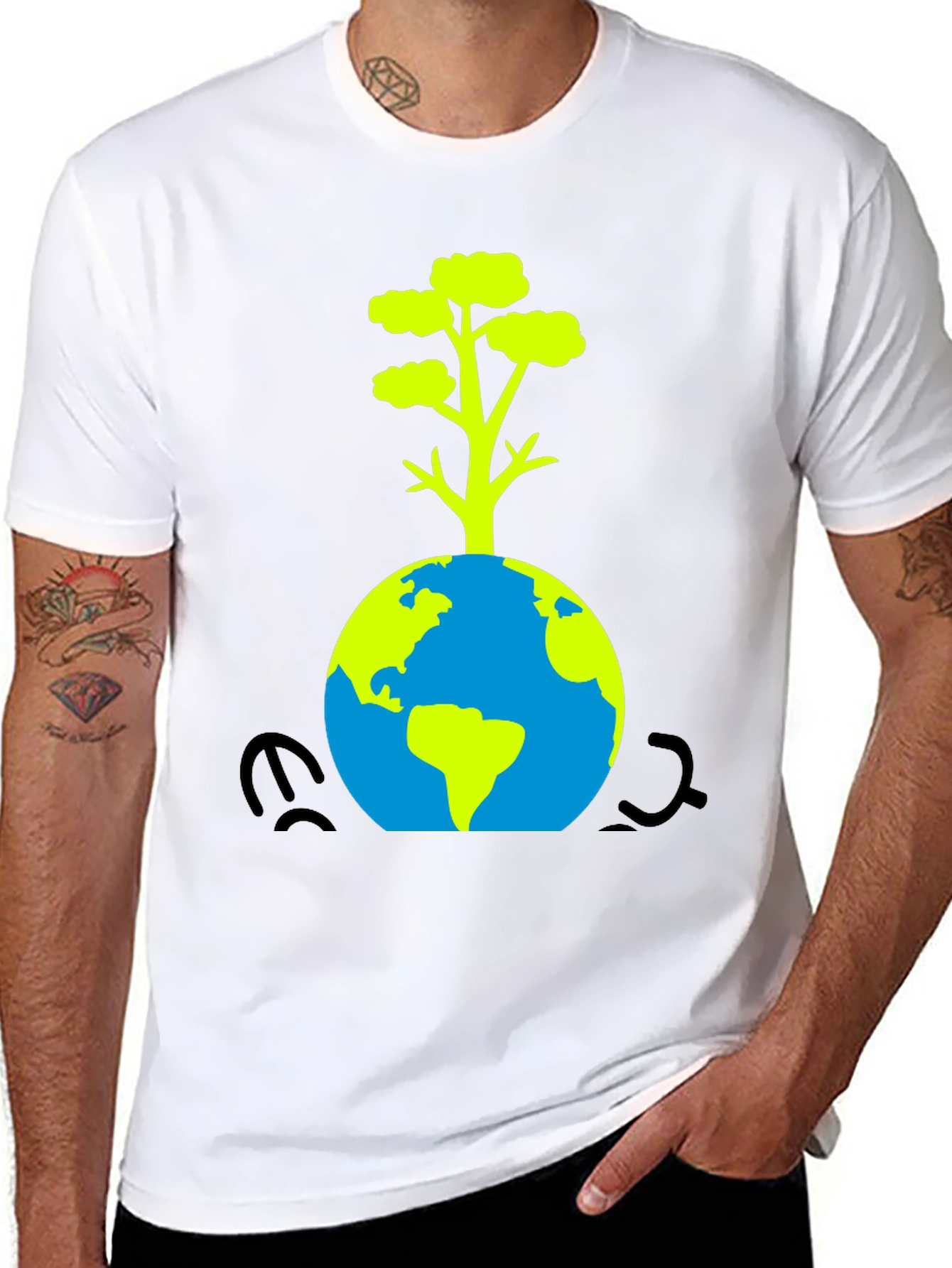 Eco-Friendly Black T-Shirt: Earth & Tree Design - 8