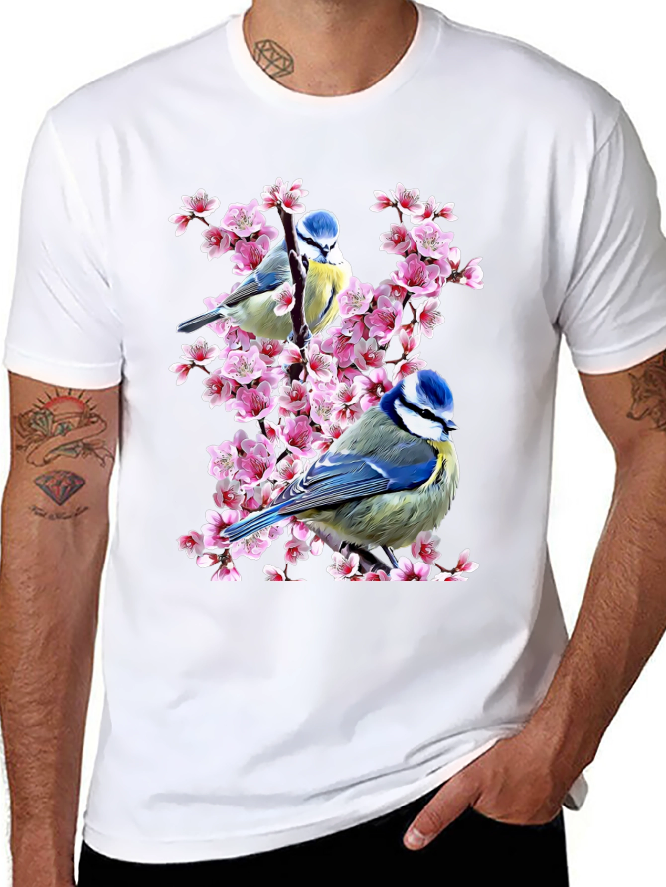 Black Blue Tit Bird & Cherry Blossom Graphic Tee view 8
