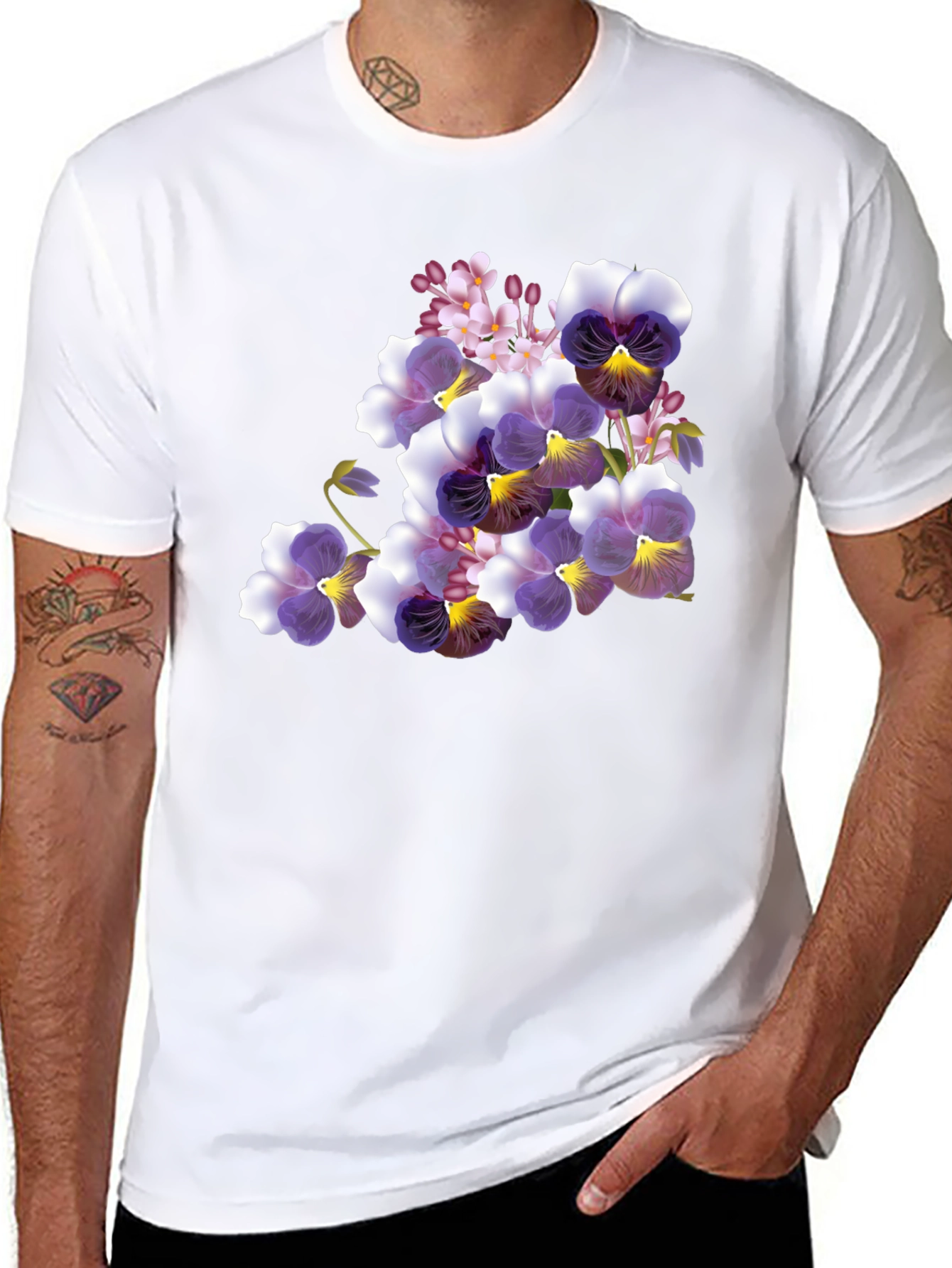 Black Floral Pansy Print Black T-Shirt view 8