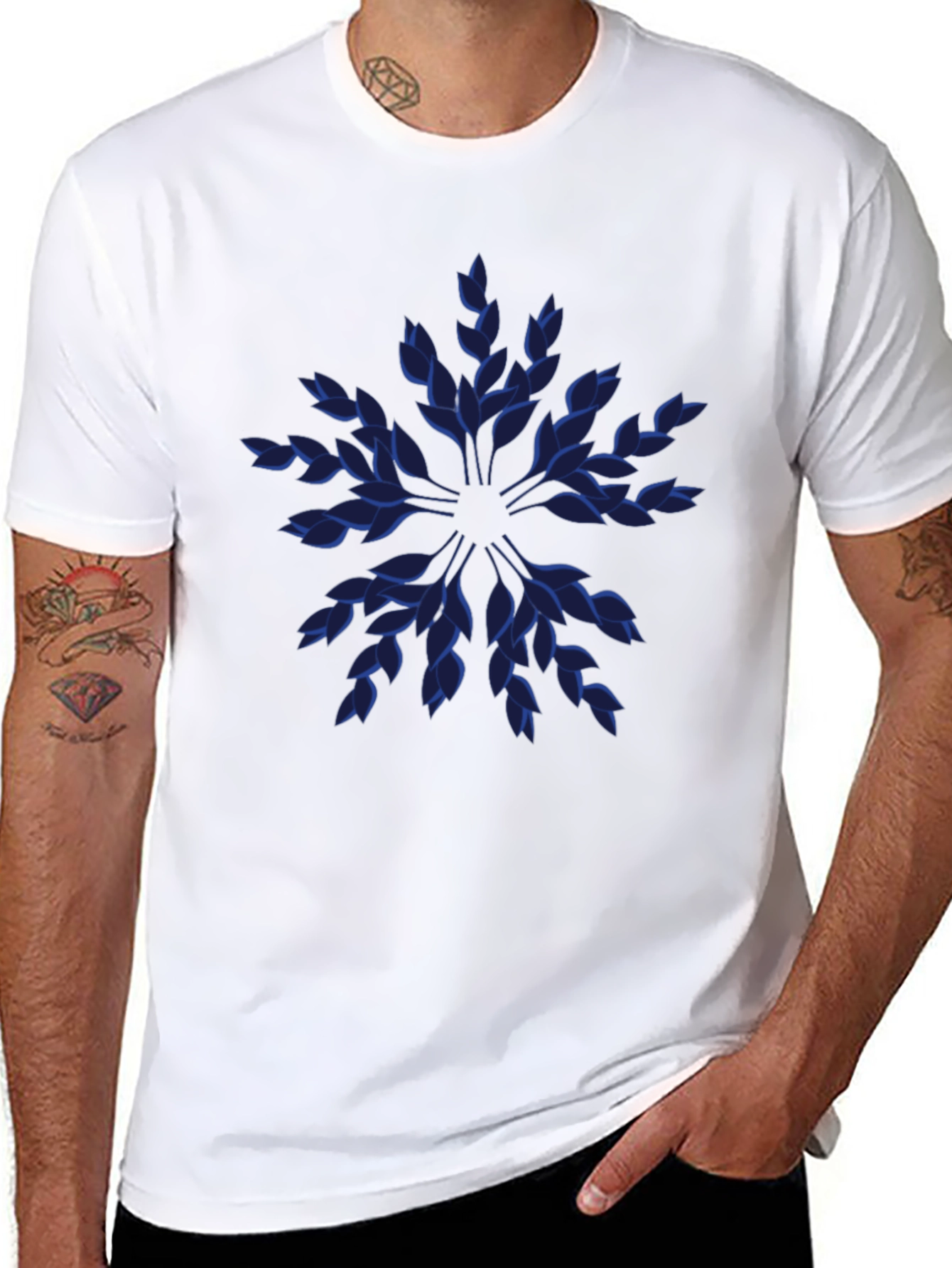 Black Blue Leaf Pattern Black T-Shirt view 8