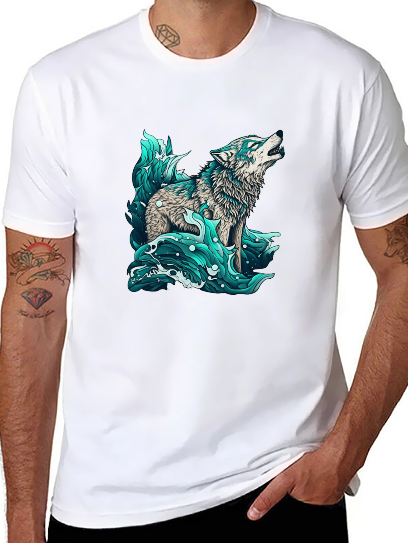 Black Wolf in Water Graphic Black T-Shirt view 8