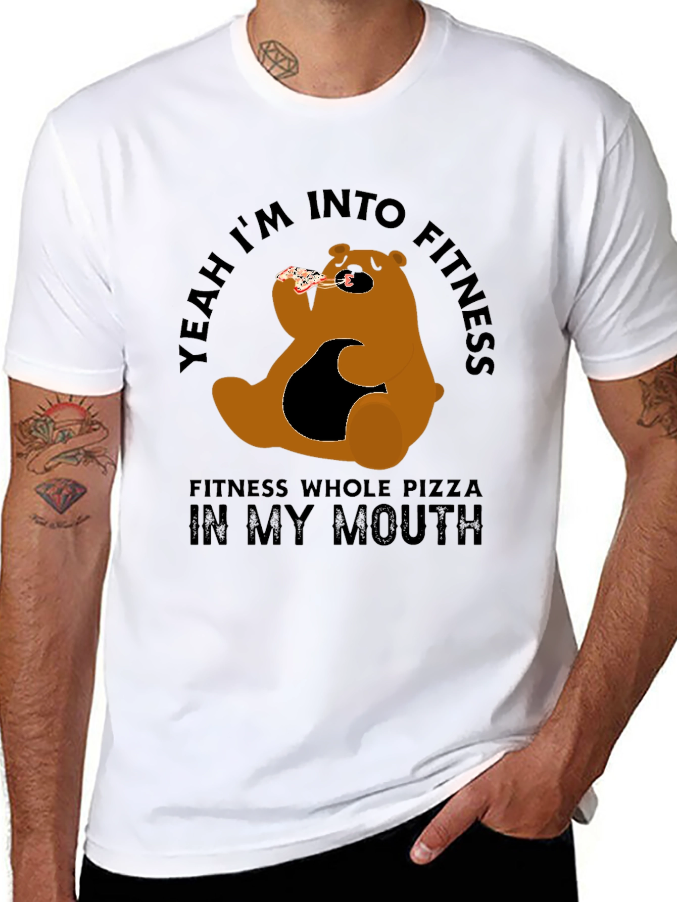Funny Pizza Bear Fitness T-Shirt - Casual Graphic Tee - 8