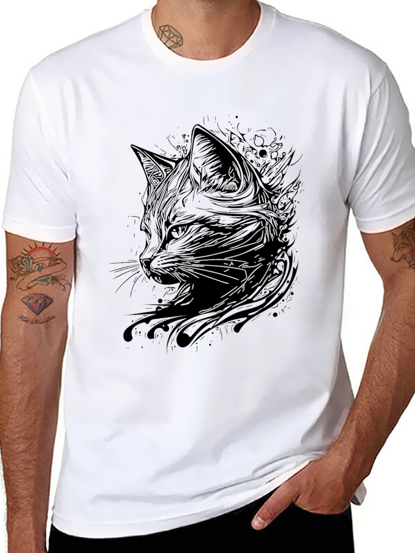 Black Men's Black Cat Graphic T-Shirt view 8