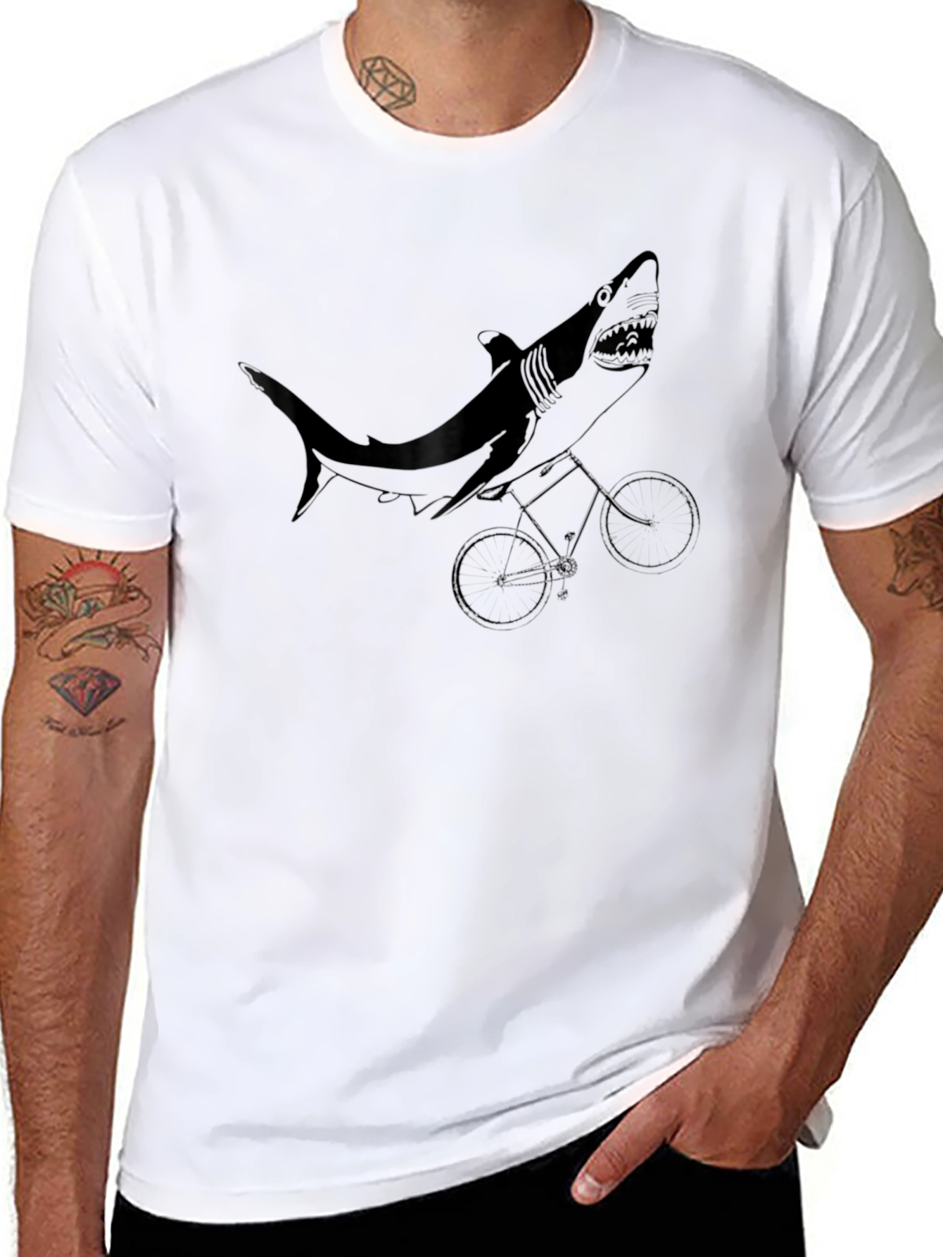 Black Shark on Bike Graphic Tee - Black Cotton T-Shirt view 8