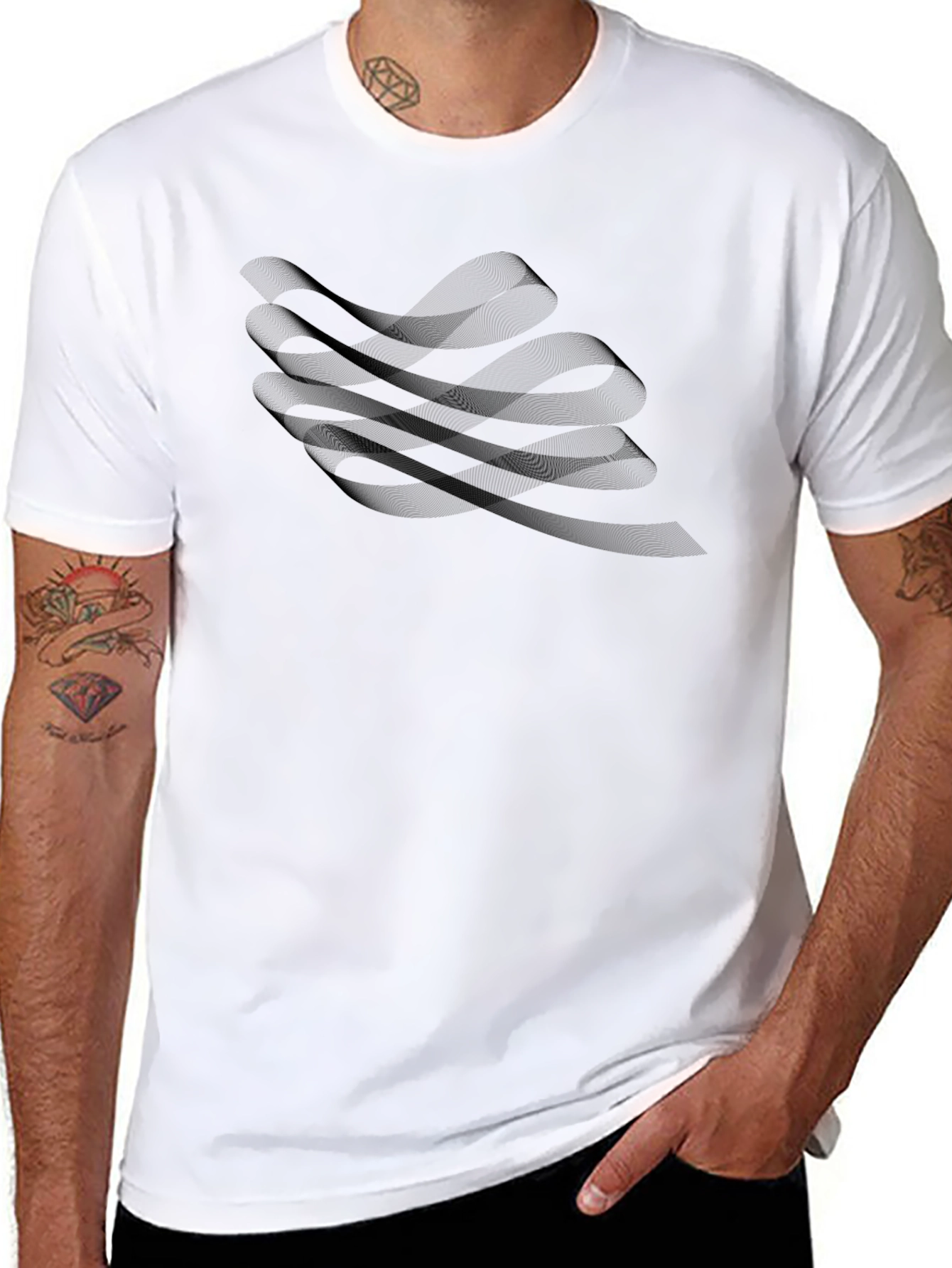 Black Men's Black Graphic Tee - Abstract Wave Design view 8