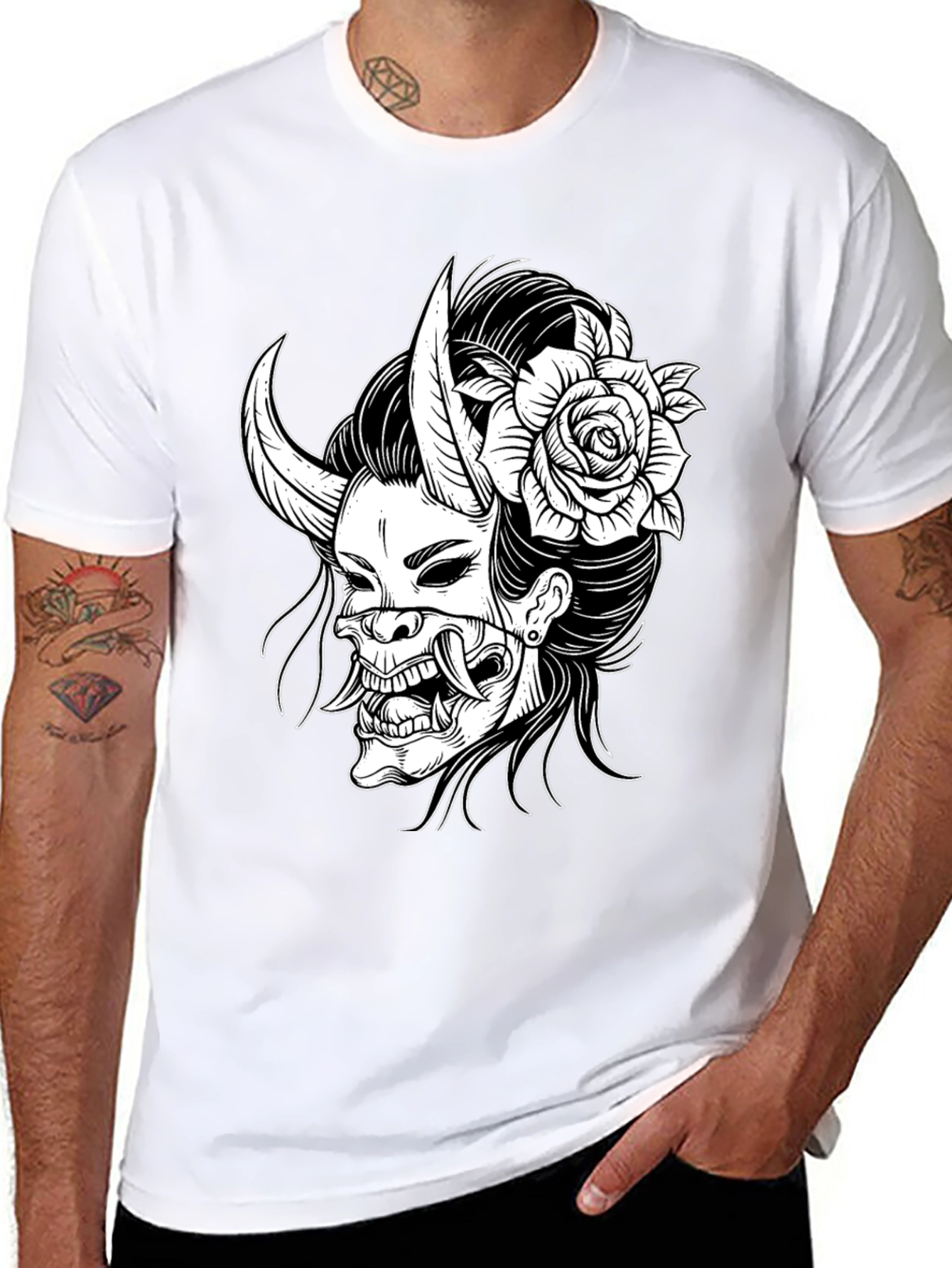 Black Black T-Shirt with Oni Mask & Rose Graphic view 8