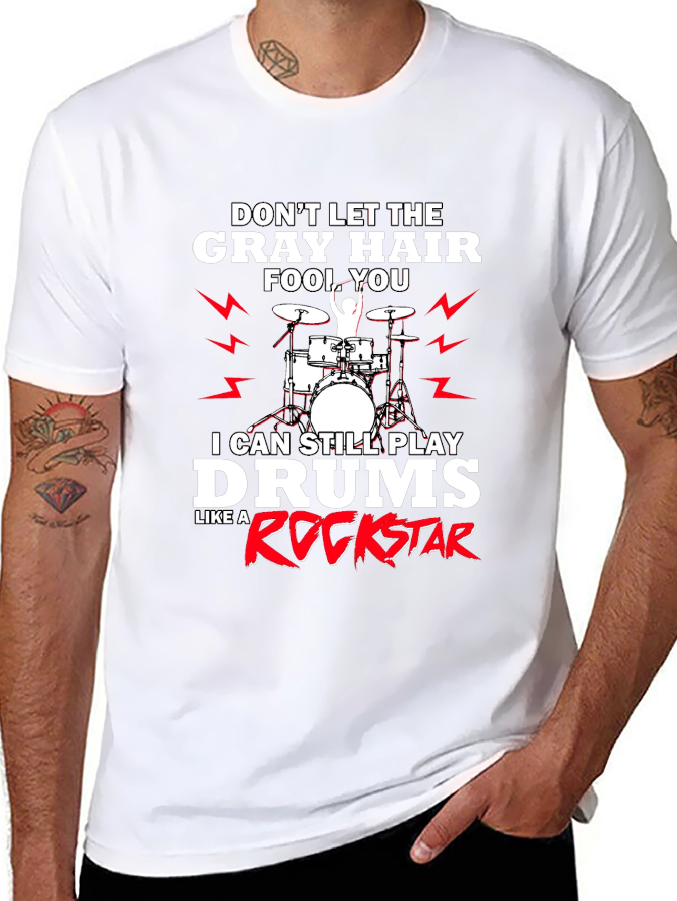 Black Gray Hair Rockstar Drummer T-Shirt view 8