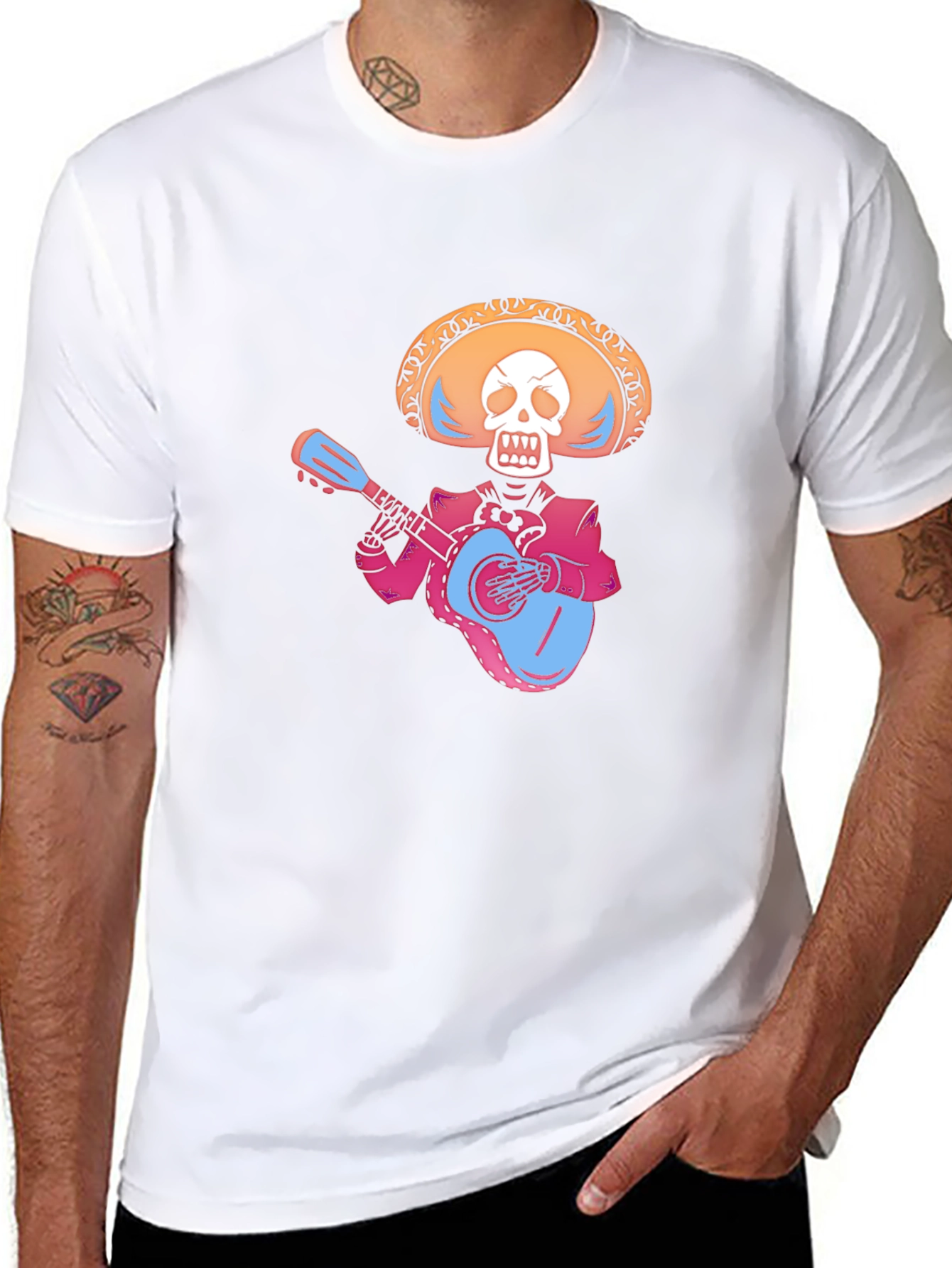 Black Day of the Dead Skeleton Guitarist Black T-Shirt view 8