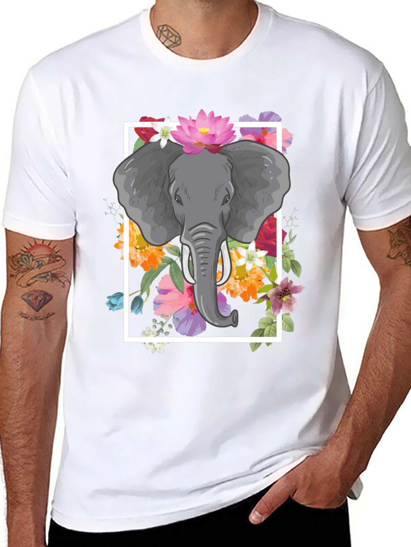 Black Elephant Floral Graphic Tee - Men's Black T-Shirt view 8