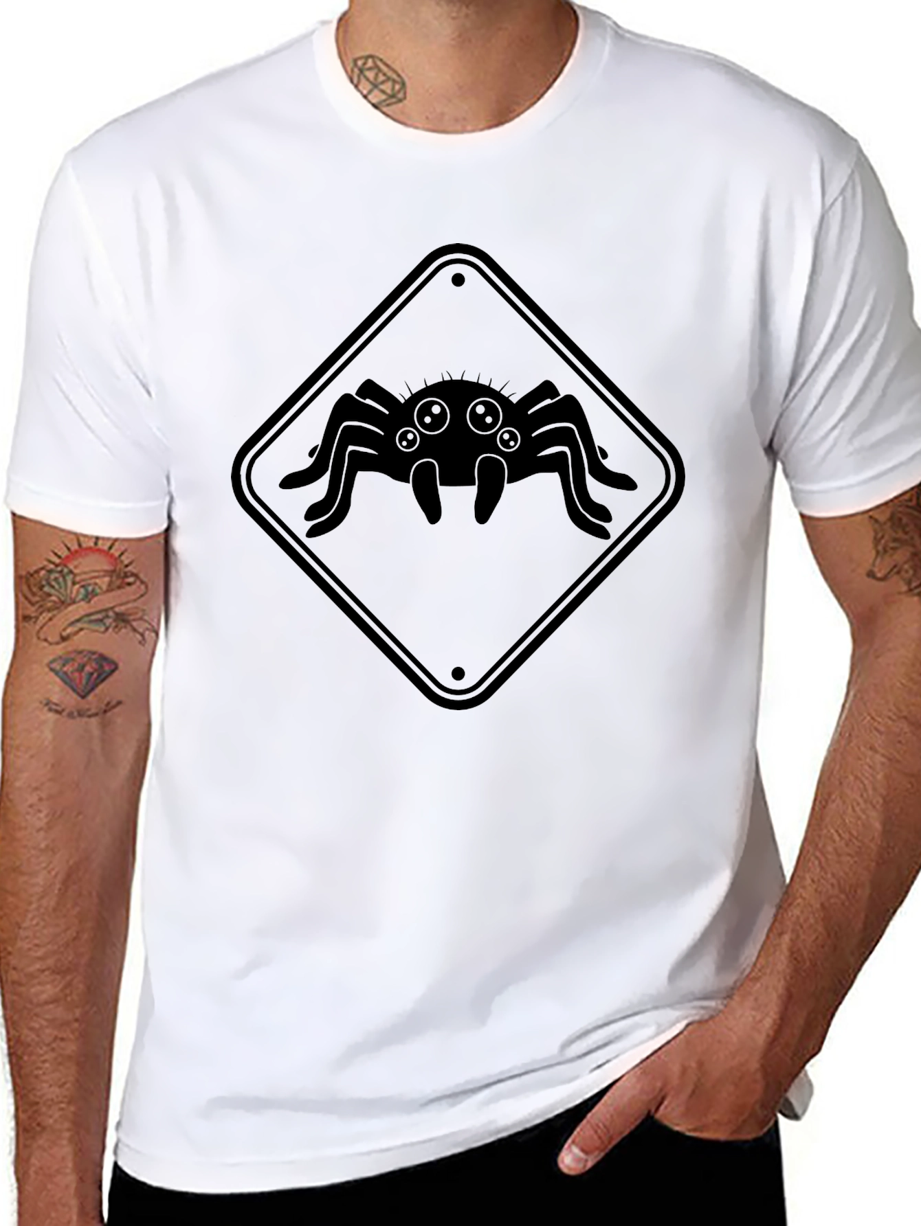Black Spider Warning Sign T-Shirt - Creepy Graphic Tee view 8