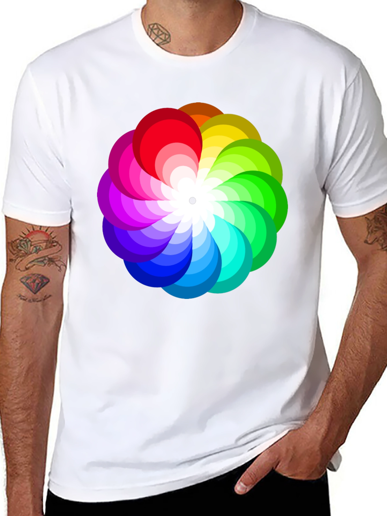 Black Vibrant Rainbow Flower Graphic Black T-Shirt view 8