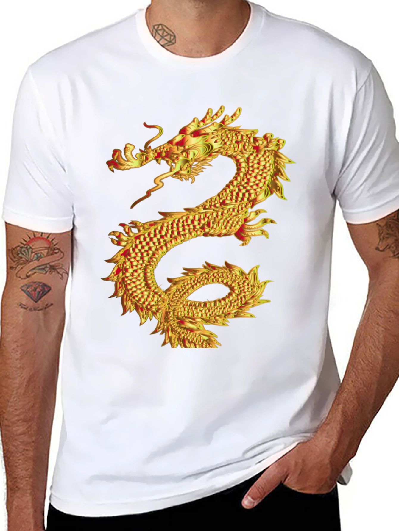 Black Golden Dragon Graphic Print Black T-Shirt view 8