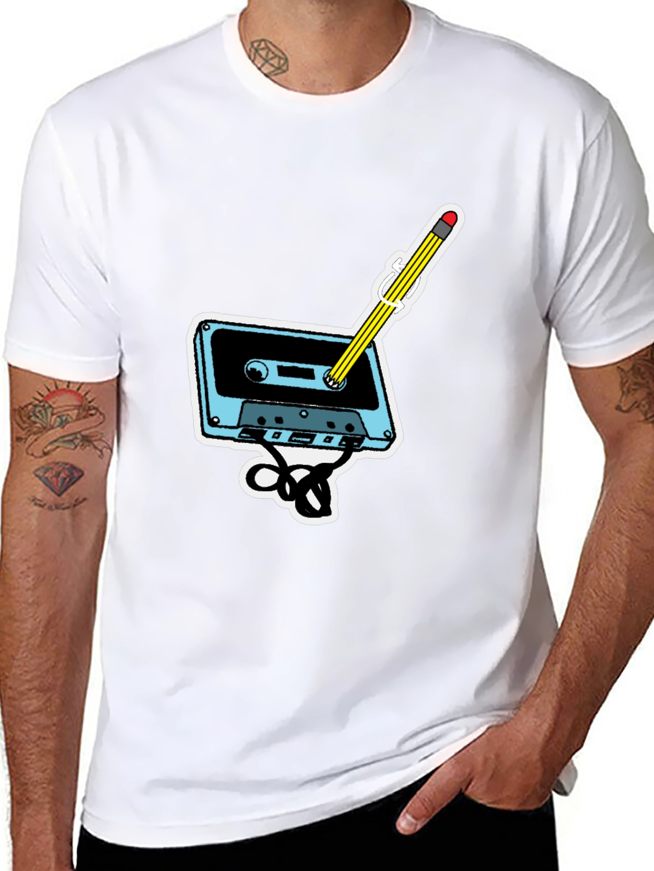 Black Retro Cassette & Pencil Graphic T-Shirt view 8