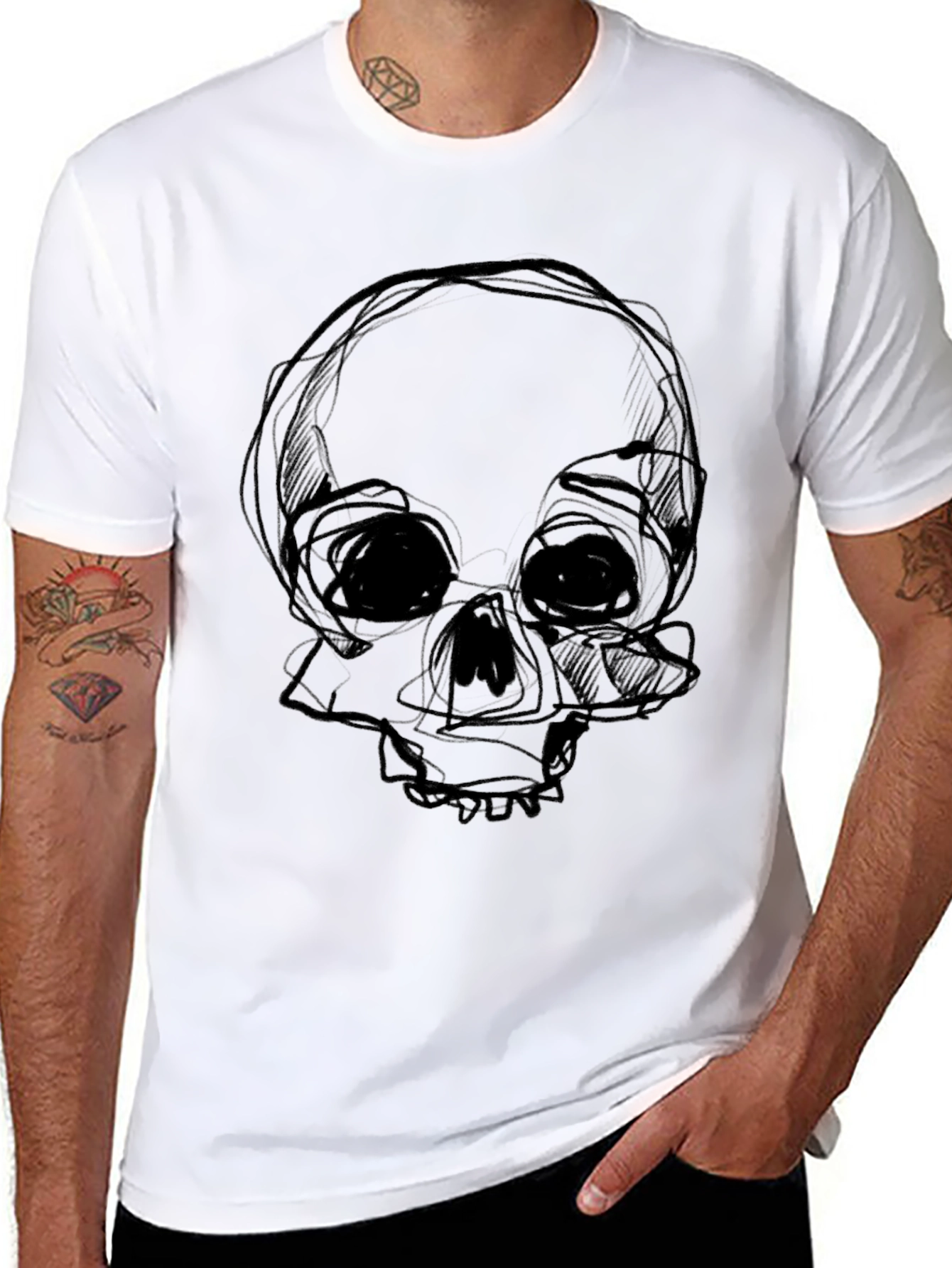 Black Skull Sketch Graphic Black T-Shirt view 8