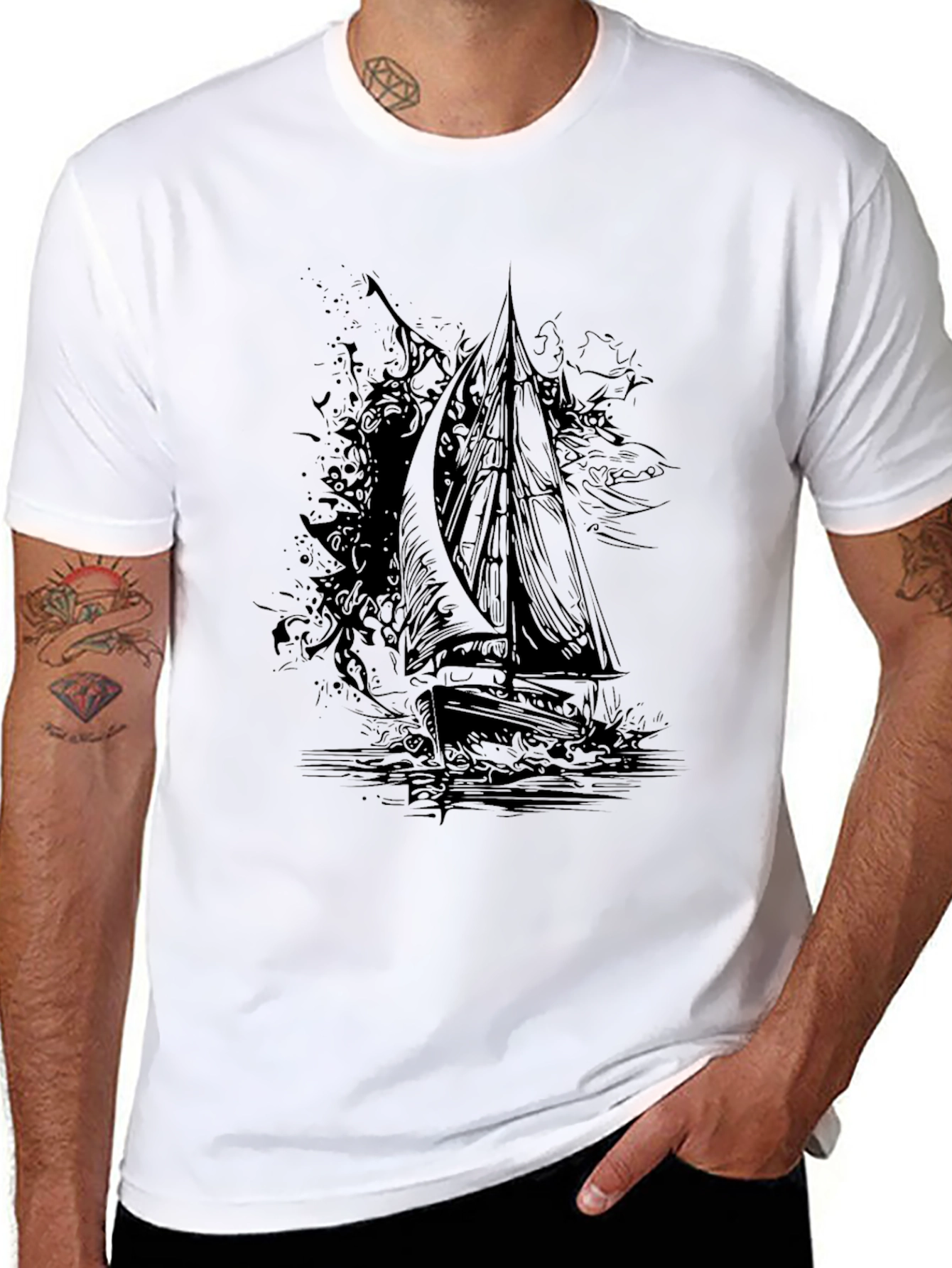 Black Black Graphic Tee: Sailing Ship Design view 8