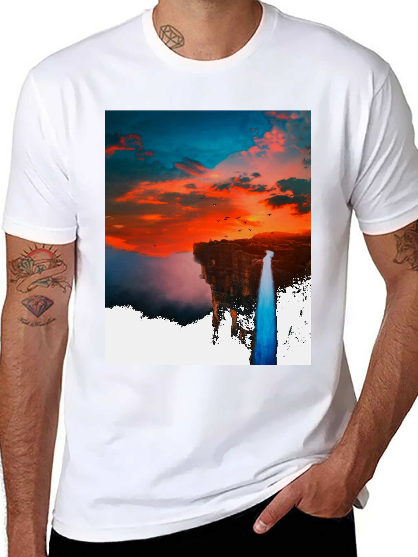 Black Sunset Waterfall Graphic Tee - Unique Design view 8