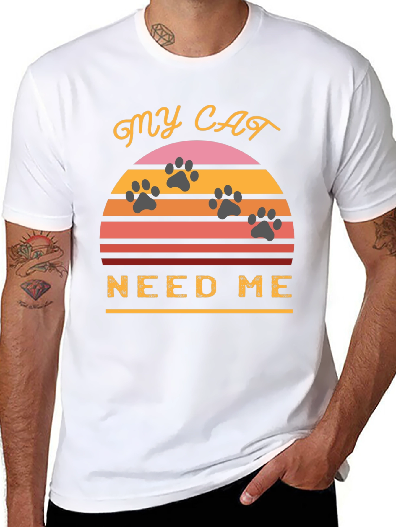 Black My Cat Needs Me T-Shirt - Retro Sunset Style view 8