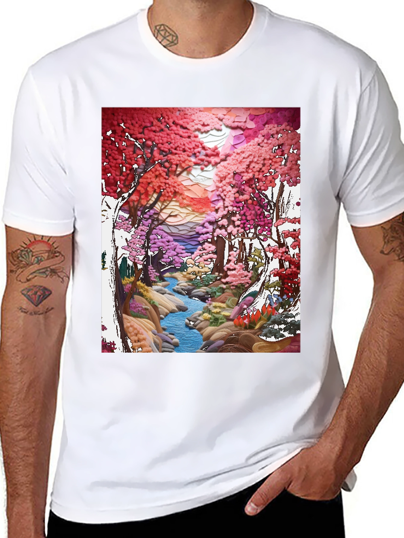 Black Cherry Blossom Stream Art T-Shirt view 8