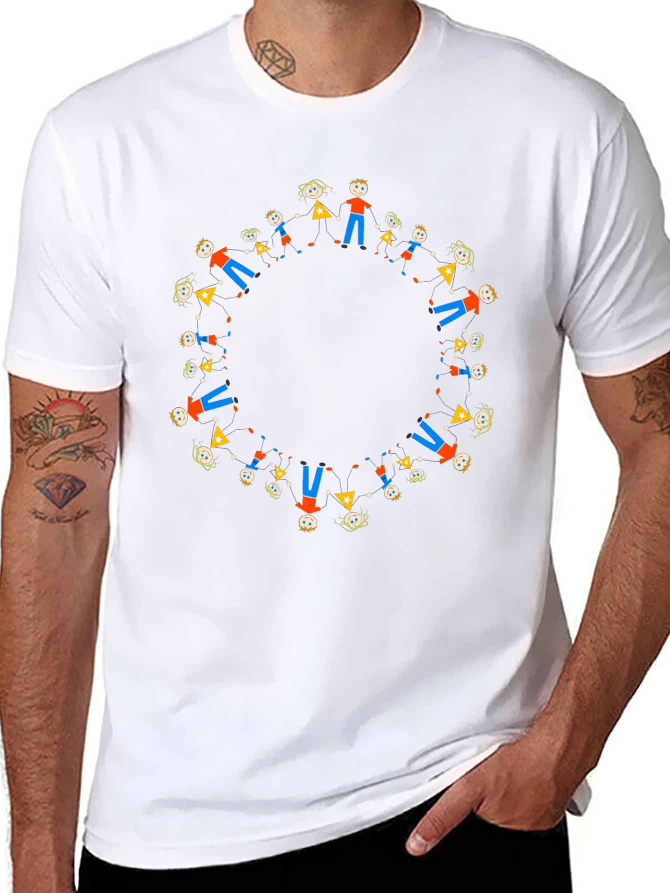 Black Tee with Circle of People Graphic - 8