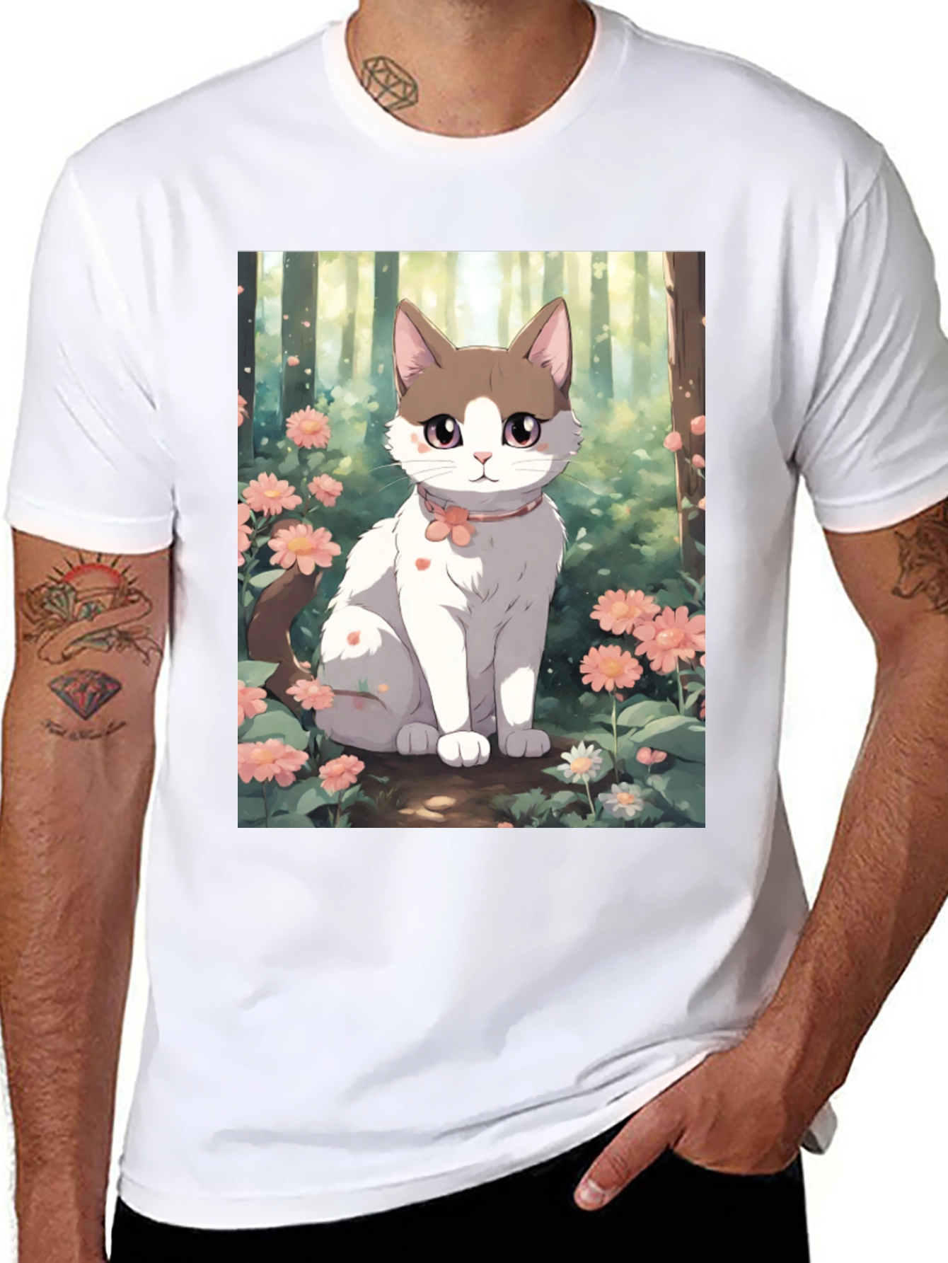 Black Anime Cat Floral T-Shirt view 8