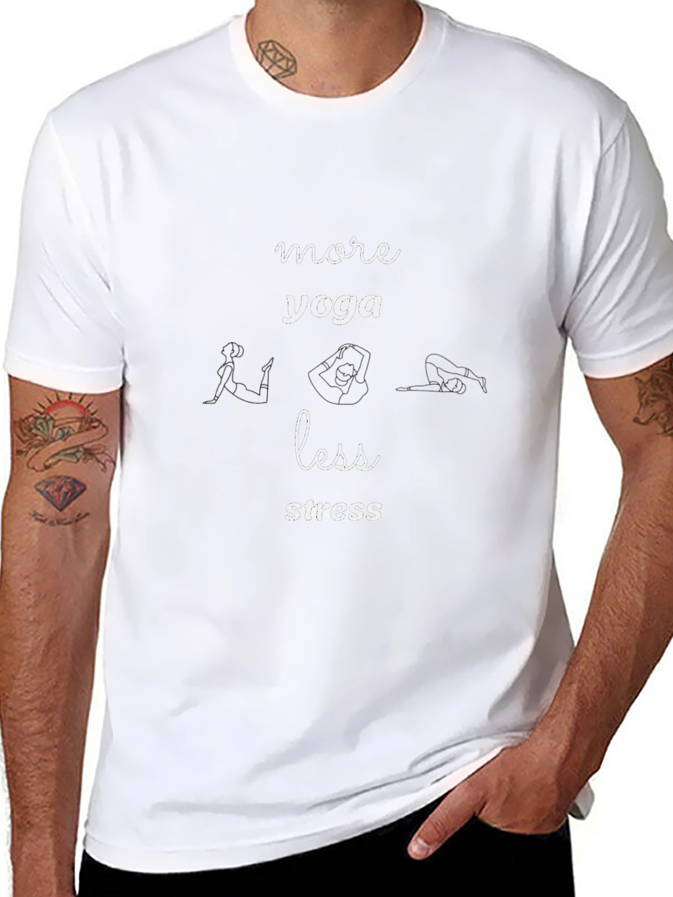 Black Yoga Lover's T-Shirt: More Yoga, Less Stress Design view 8