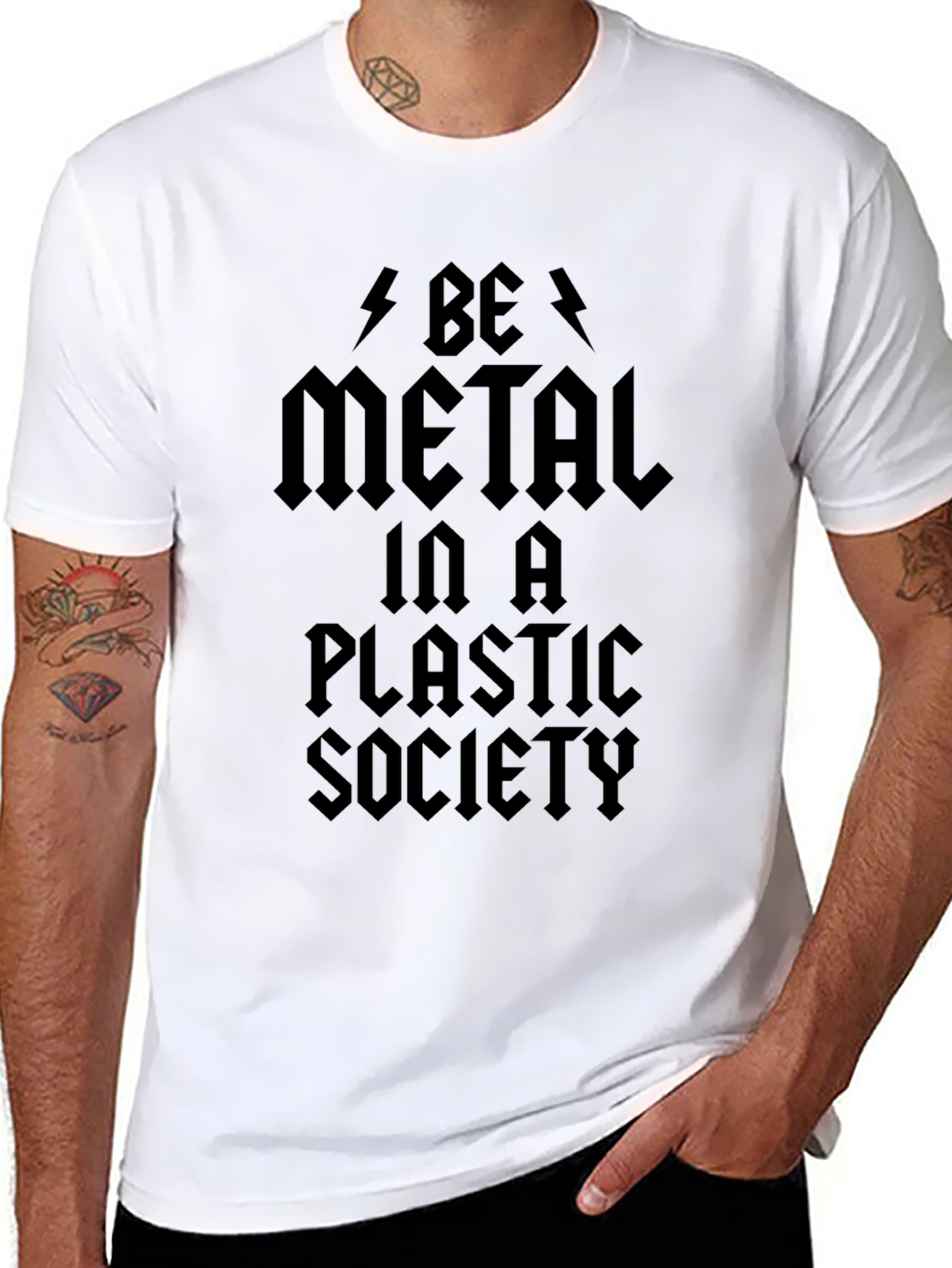 Black Be Metal in a Plastic Society Black Graphic T-Shirt view 8