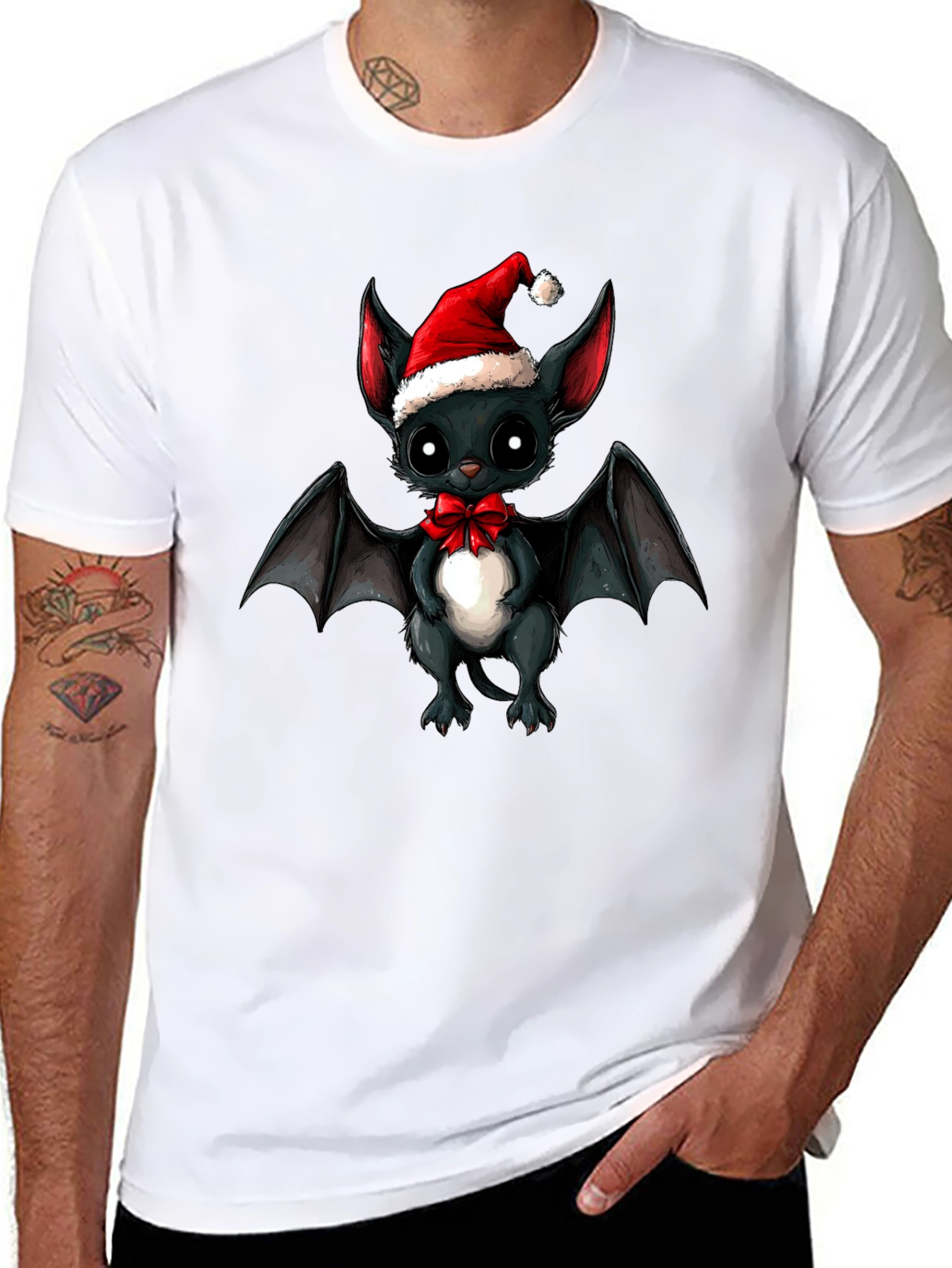 Black Cute Bat in Santa Hat Graphic Tee view 8