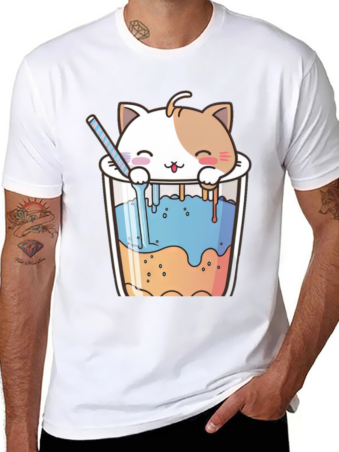 Black Cute Cat Bubble Tea Black T-Shirt view 8