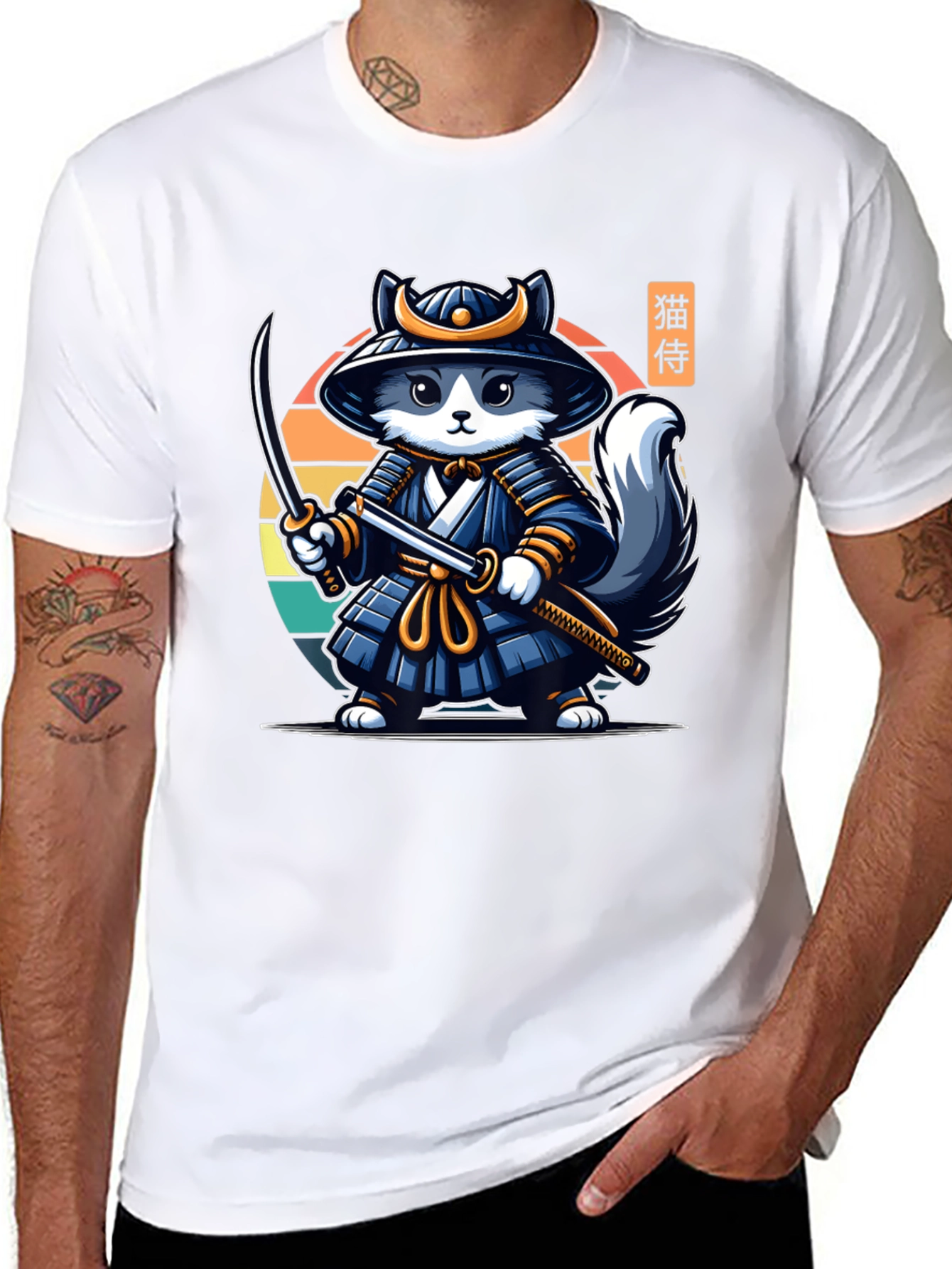 Black Samurai Cat T-Shirt - Black Crew Neck view 8