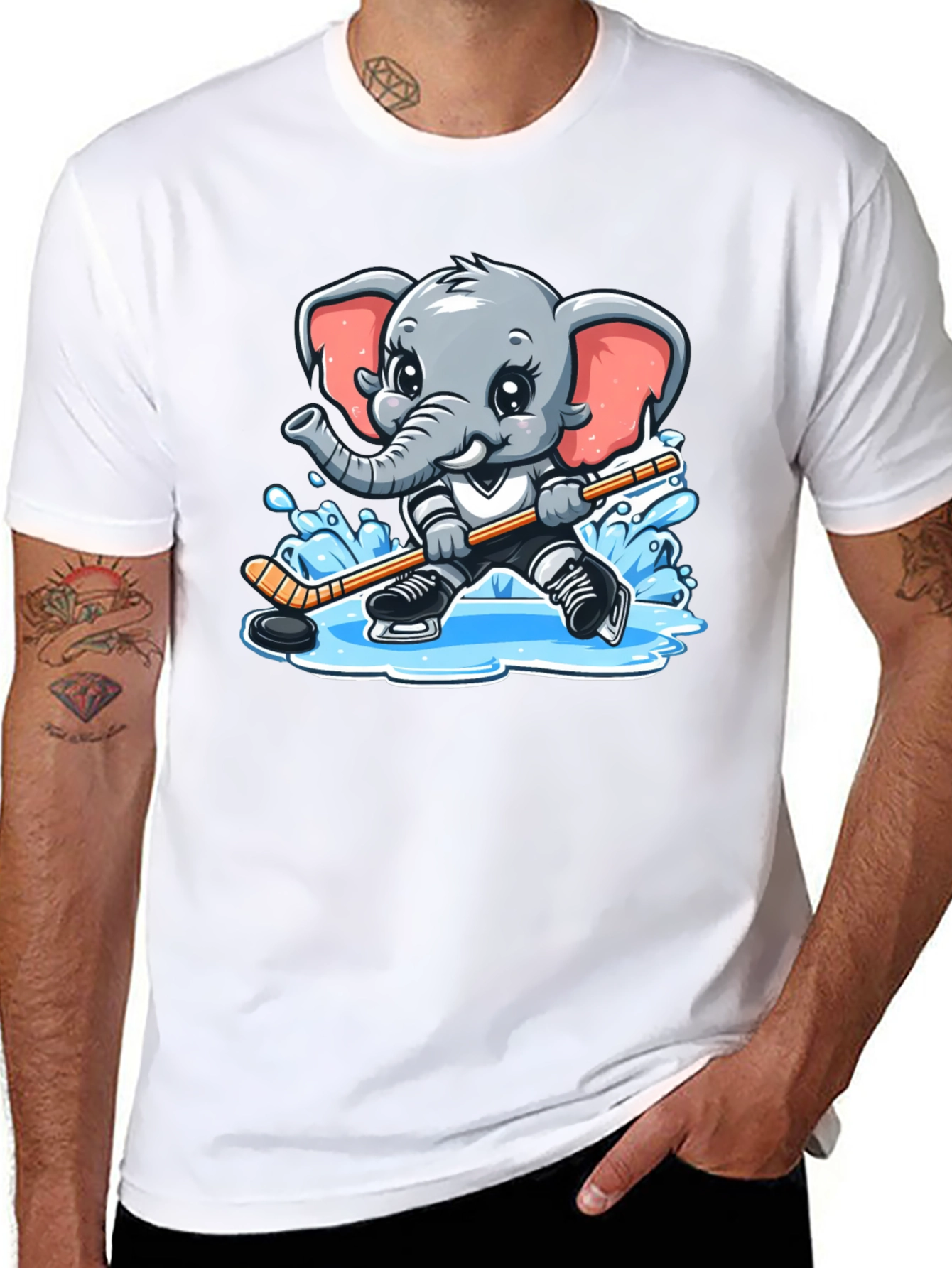 Black Cartoon Elephant Hockey Player Graphic Tee view 8