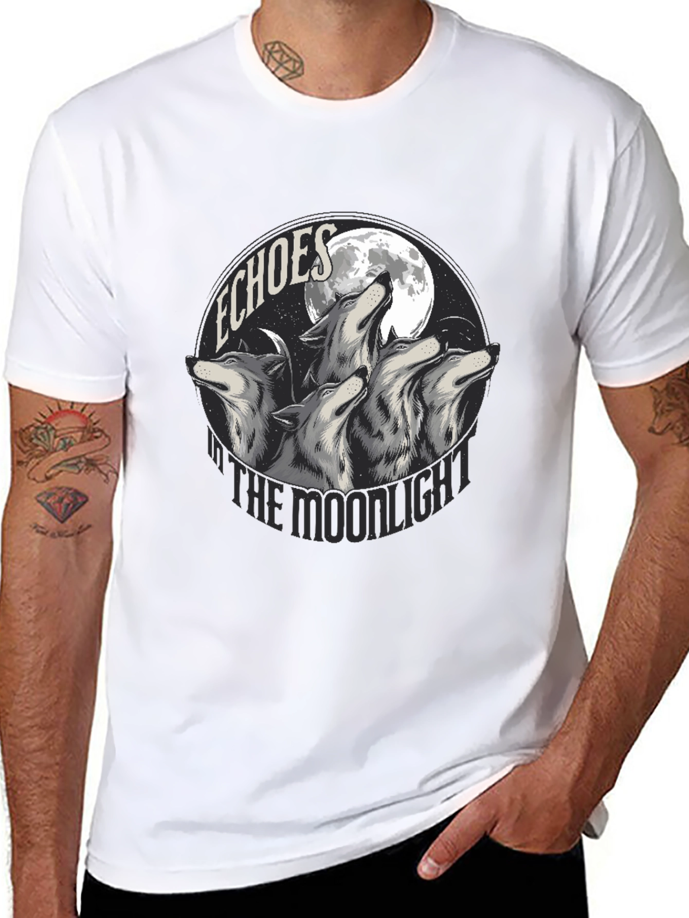 Black Echoes in the Moonlight Wolves Graphic T-Shirt view 8