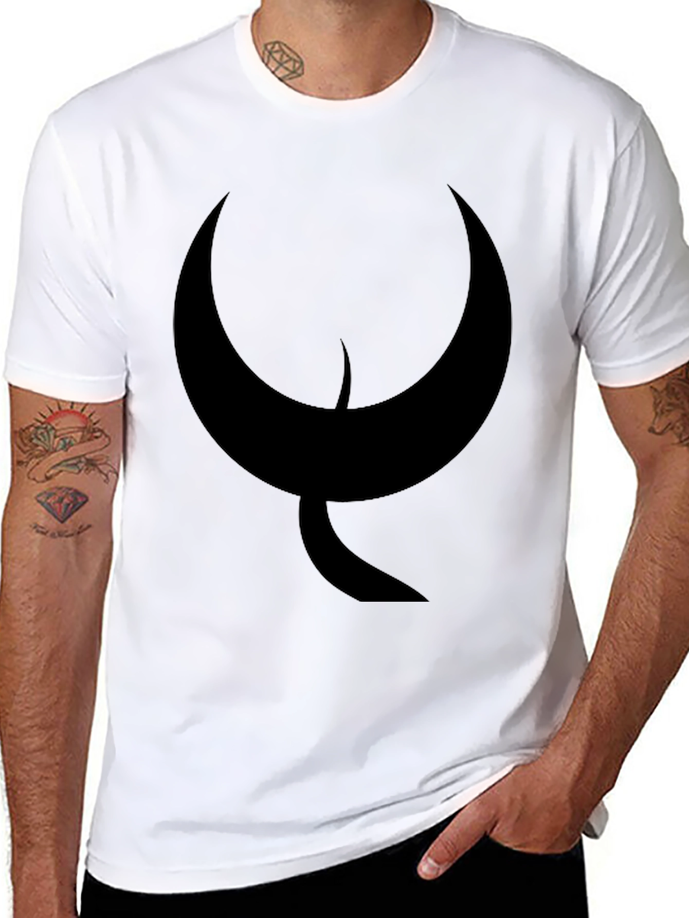 Black Men's Black T-Shirt with Abstract Crescent Moon Design view 8