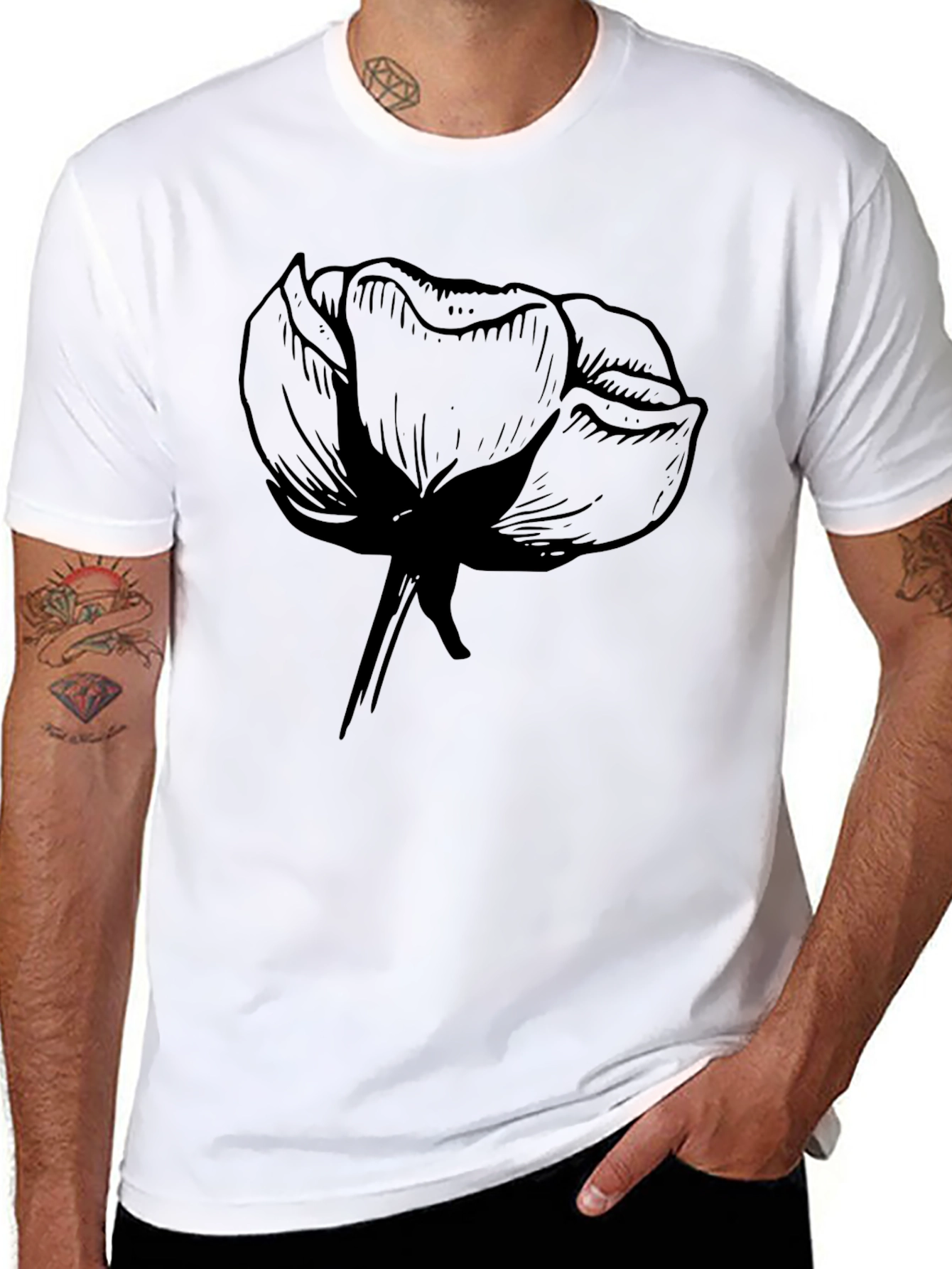 Black Men's Black Graphic Tee - Floral Design view 8