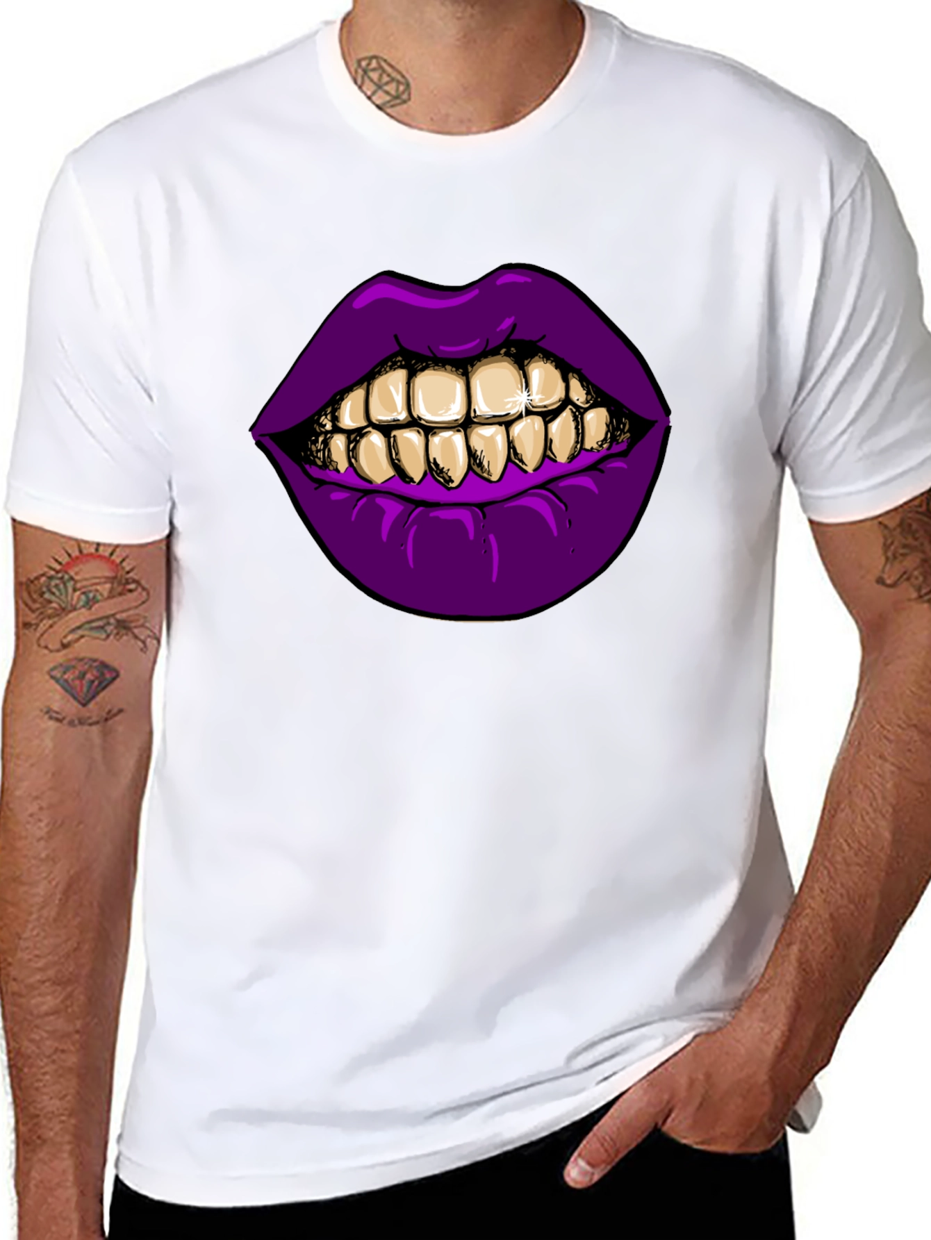 Black Purple Lips Gold Teeth Graphic Black T-Shirt view 8