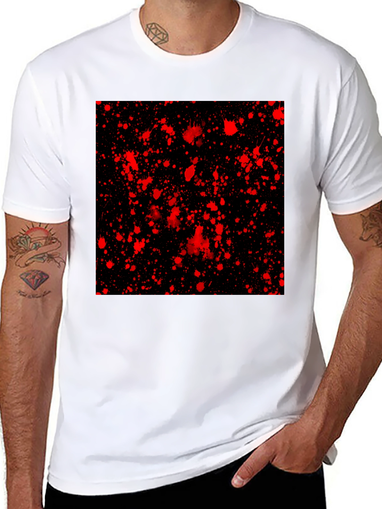 Black Edgy Black T-Shirt with Red Splatter Design view 8