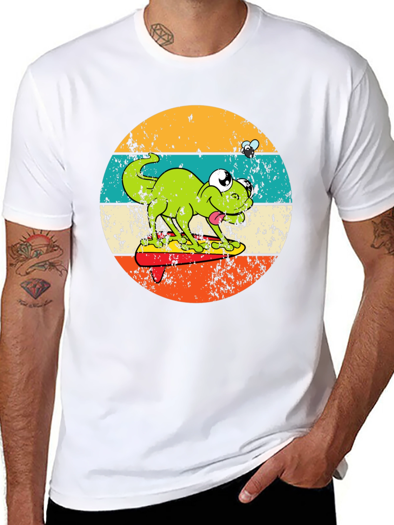 Black Retro Frog Surfing T-Shirt - Unique Graphic Tee view 8