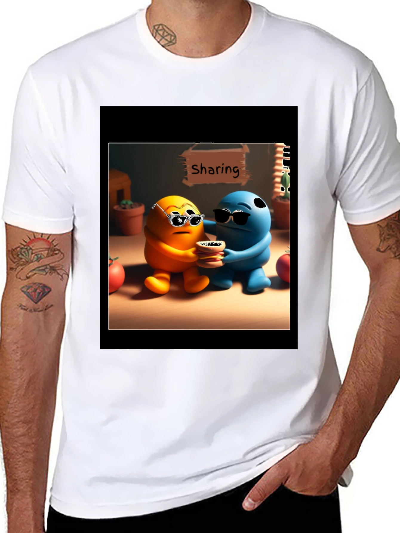 Black Sharing Cartoon Character Graphic Tee - Black view 8
