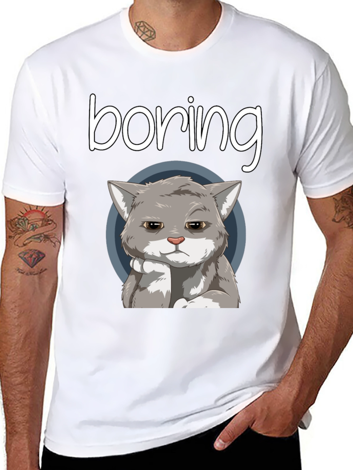 Black Boring Cat T-Shirt - Funny Graphic Tee view 8