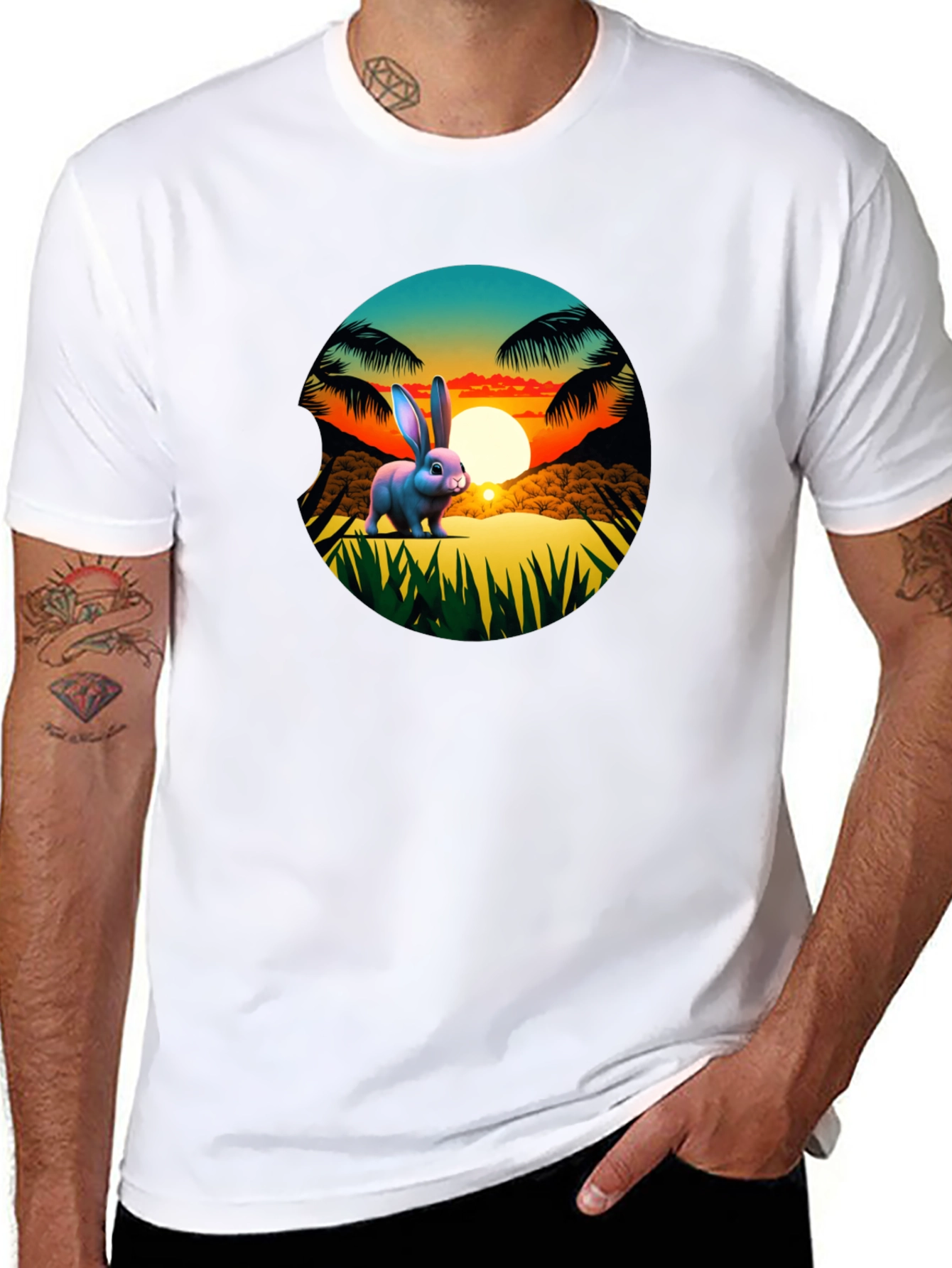 Black Tropical Bunny Sunset Graphic Tee view 8