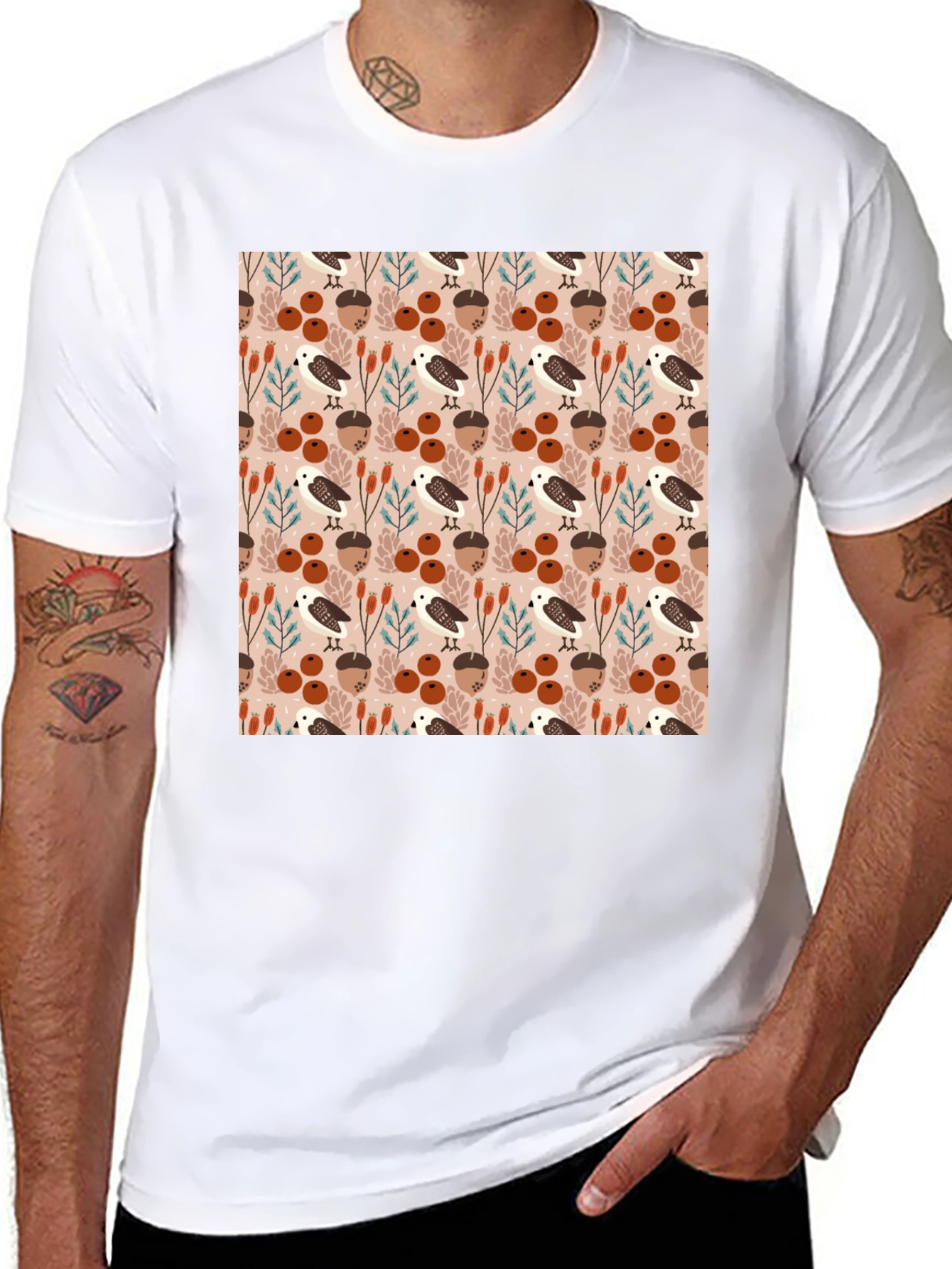 Black Autumnal Bird and Acorn Pattern T-Shirt view 8