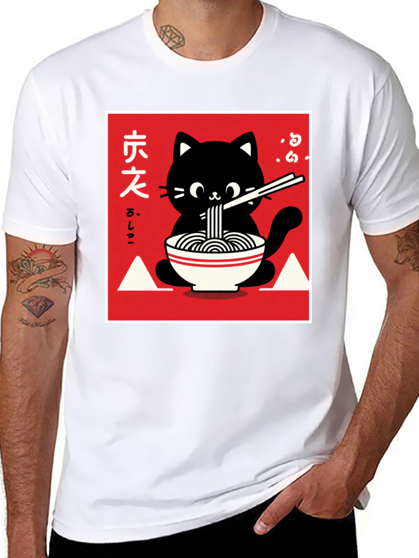 Black Ramen Cat Graphic T-Shirt - Black view 8